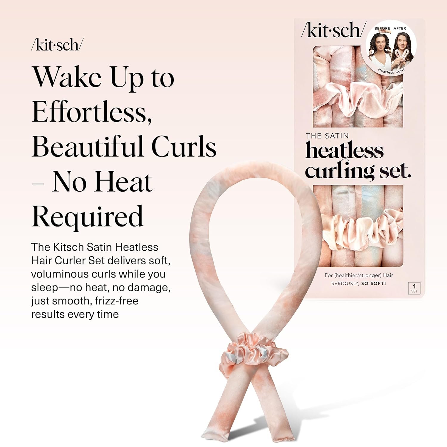 Kitsch Satin Heatless Curlers Set – Heatless Curls Overnight w/ 34" Hair Waver & 2 Satin Hair Scrunchies, Comfortable Hair Curlers to Sleep In for Frizz-Free, No Heat Damage Styling - Sunset Tie Dye - Image 2