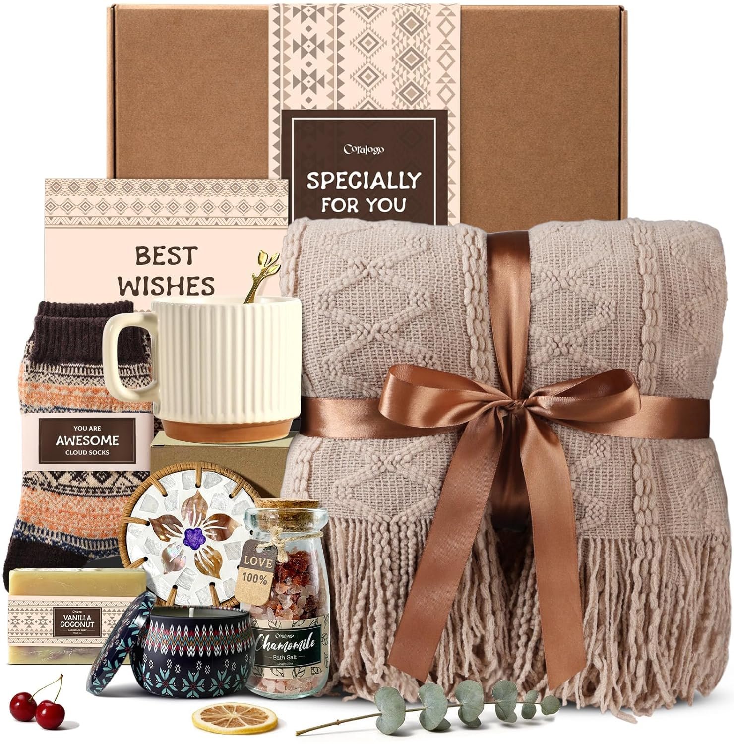 Spa Gift Bakset for Women - Unique Bohemian Basket with Soft Blanket, Warm Socks, Blank Card, Boho Gifts for Women, Birthday, Mother's Day, Get Well, Self Care, Thinking of You