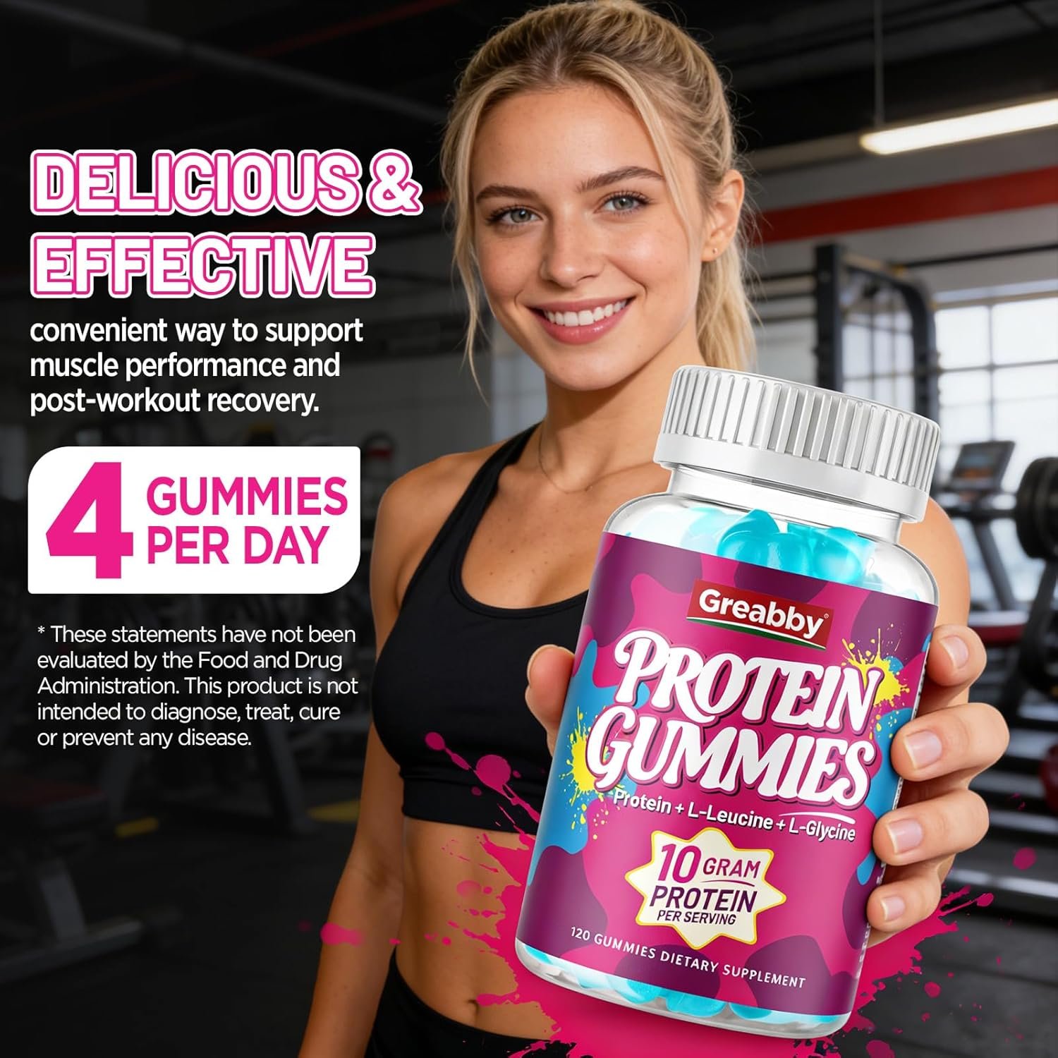 Protein Gummies, Chewable Whey Protein Supplement with L-Glycine & L-Leucine, 10g Protein for Women & Men, Muscle, Hair, Skin & Nails, 120 Count - Image 4