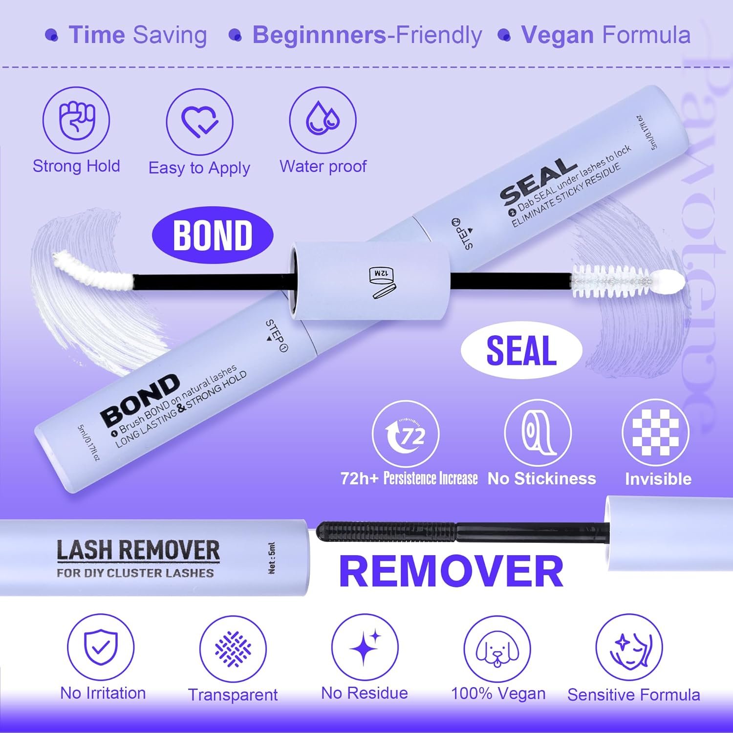 Pawotence Lash Clusters Kit Misha 10-18mm Cluster Lashes Extension Kit 144pcs Eyelash Clusters Wet Look Wispy Lashes Cluster Eyelash Extensions with Waterproof Lash Bond and Seal, Remover, Applicator - Image 6