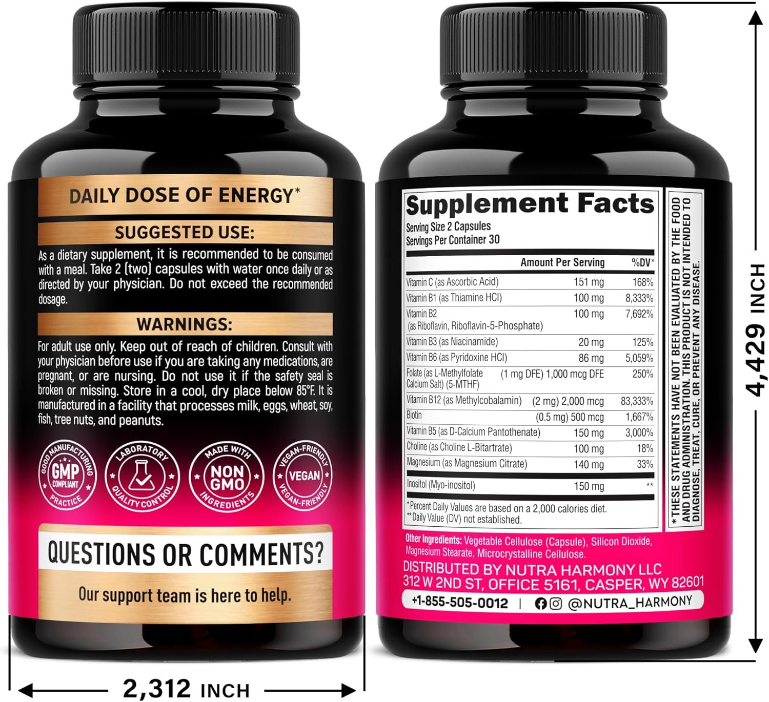 Vitamin B Complex for Men & Women - Riboflavin B2, B12, B1, B3, B5, B6, B7, B8, B9 | Vitamin C, Choline, Inositol | B-Complex Supplement | Energy, Brain & Heart Support | Lab Tested | 60 Vegan Capules - Image 2