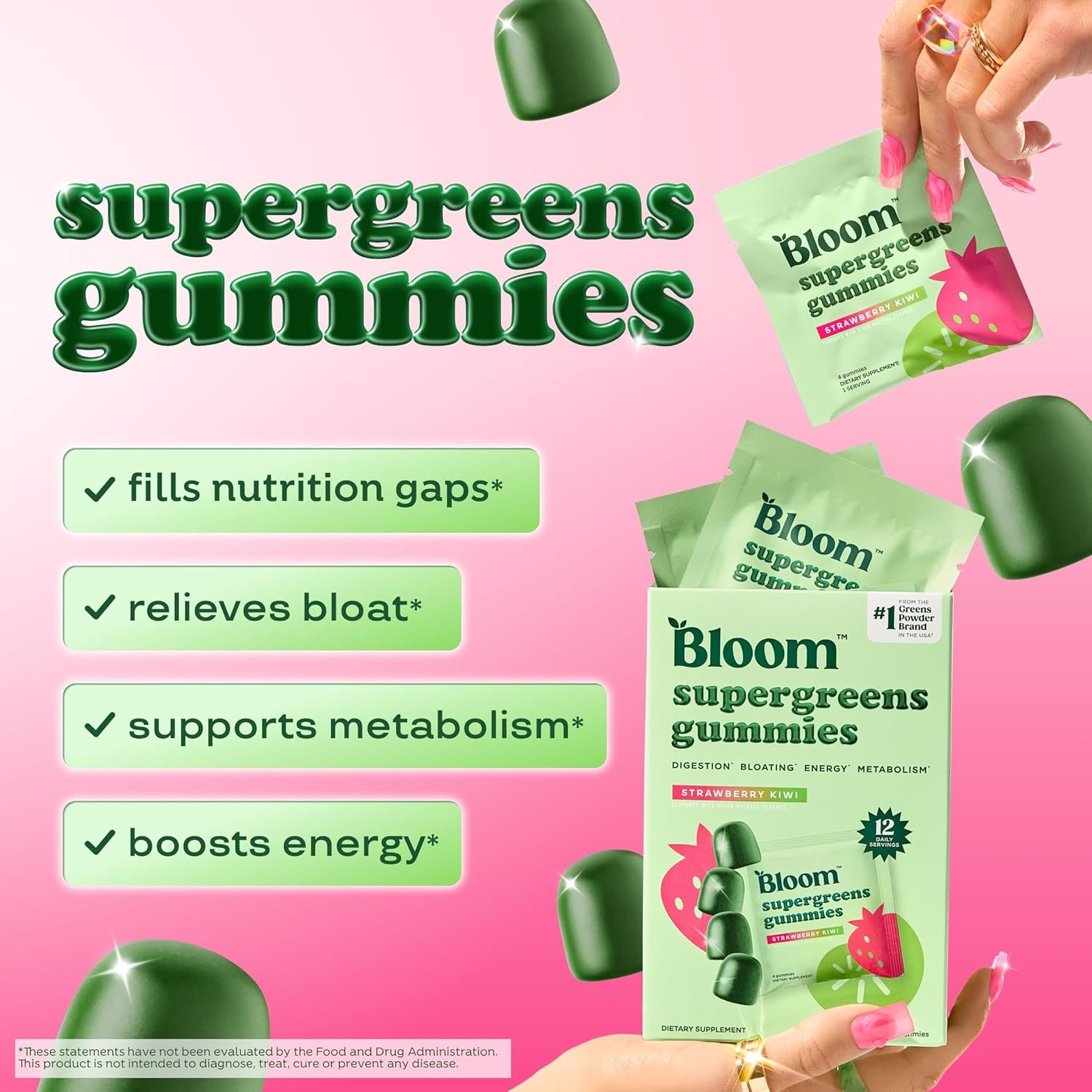 Bloom Super Greens Gummies, Daily Greens Superfood Fiber Gummies with Fruits, Vegetables, Vitamins & Minerals for Digestive & Gut Health, Bloating Support, Strawberry Kiwi, 12 Servings (48 Total) - Image 2