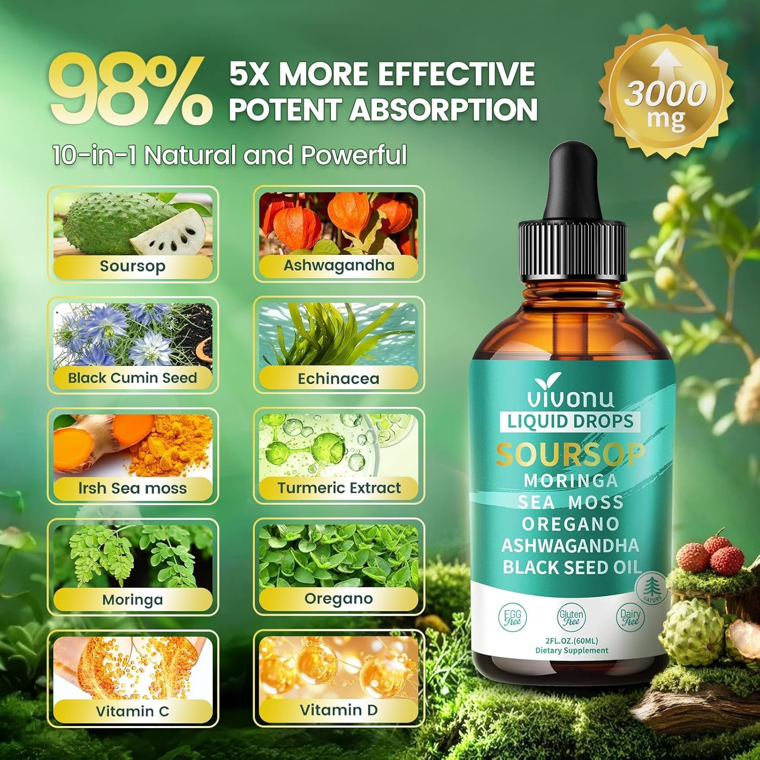 10-in-1 Soursop Bitters Liquid Drops 3000mg, Soursop Drops with Ashwagandha, Black Seed Oil, Moringa, See Moss for Natural Antioxidant, Cell Support & Regeneration, Immune Boost, Rich In Vitamin D& C - Image 3