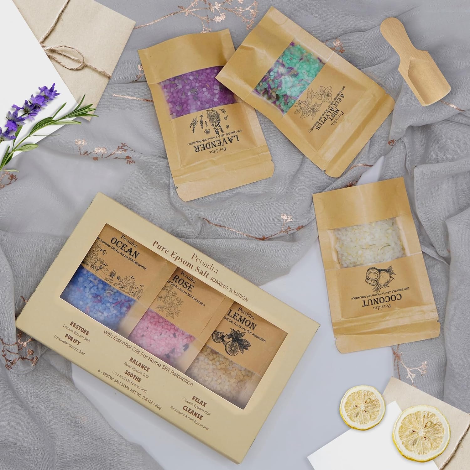 Bath Salts, Bath Salts for Women Relaxing, Father's Day Birthday Gifts, Self Care for Women and Men, Individual Packets with Natural Sea Salt, Minerals and Dried Flower, Spa Bath & Foot Soak, 6 Scents - Image 6