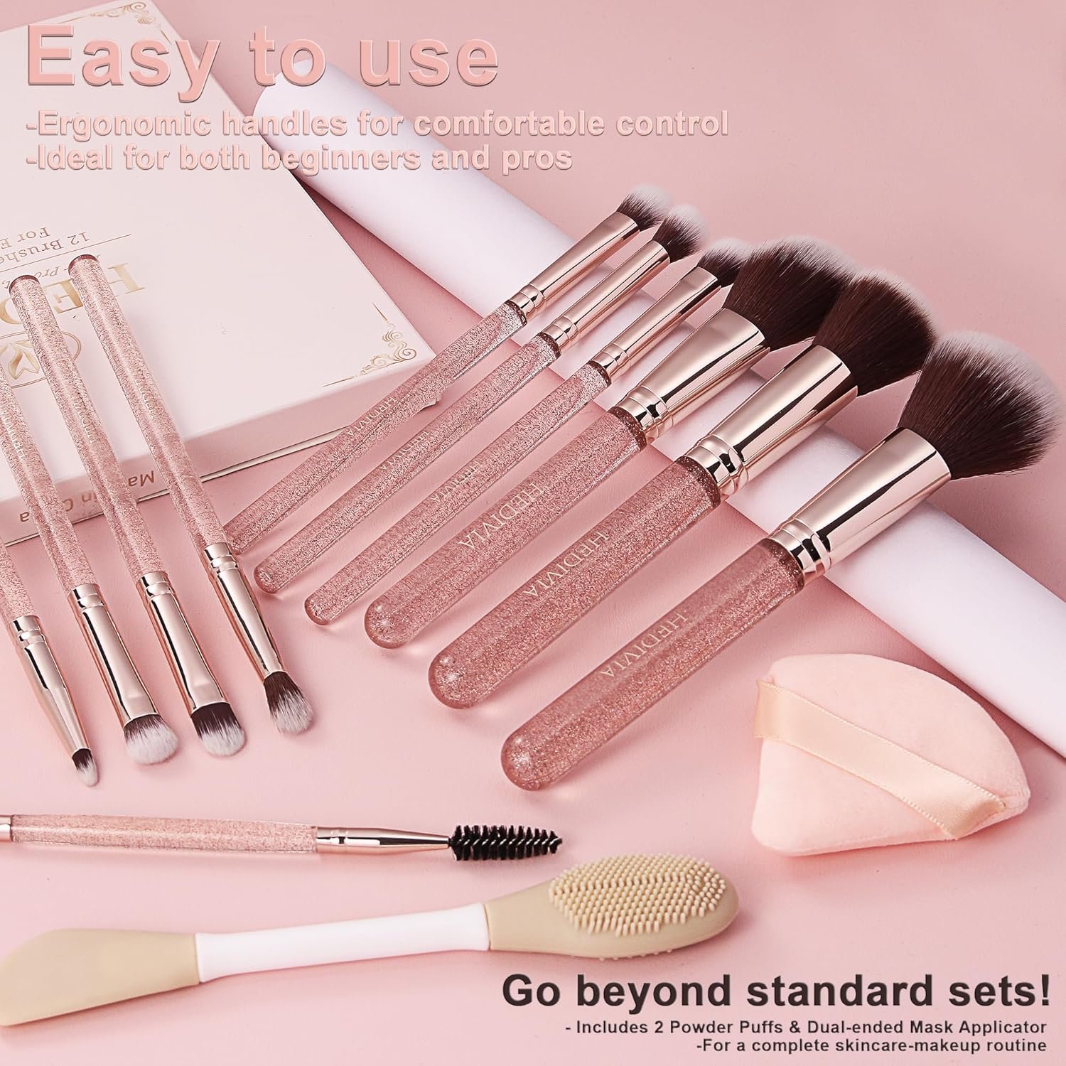 Pink Makeup Brushes Set 14 Pcs Professional, Synthetic Foundation Concealer Powder Blush Eyeshadow Brushes with 2 Powder Puffs & Dual-ended Mask Applicator, Gifts for Women Teen Girls - Image 6