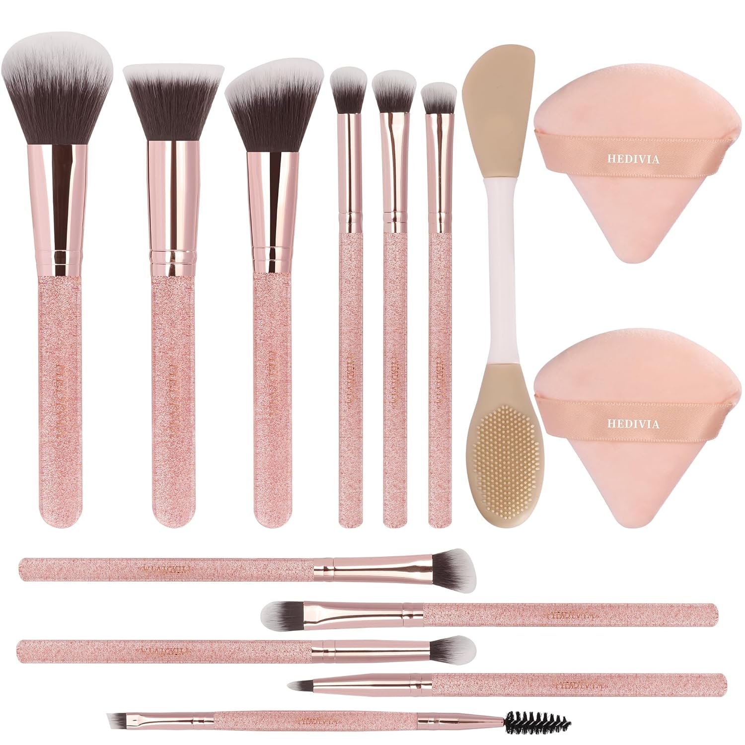 Pink Makeup Brushes Set 14 Pcs Professional, Synthetic Foundation Concealer Powder Blush Eyeshadow Brushes with 2 Powder Puffs & Dual-ended Mask Applicator, Gifts for Women Teen Girls