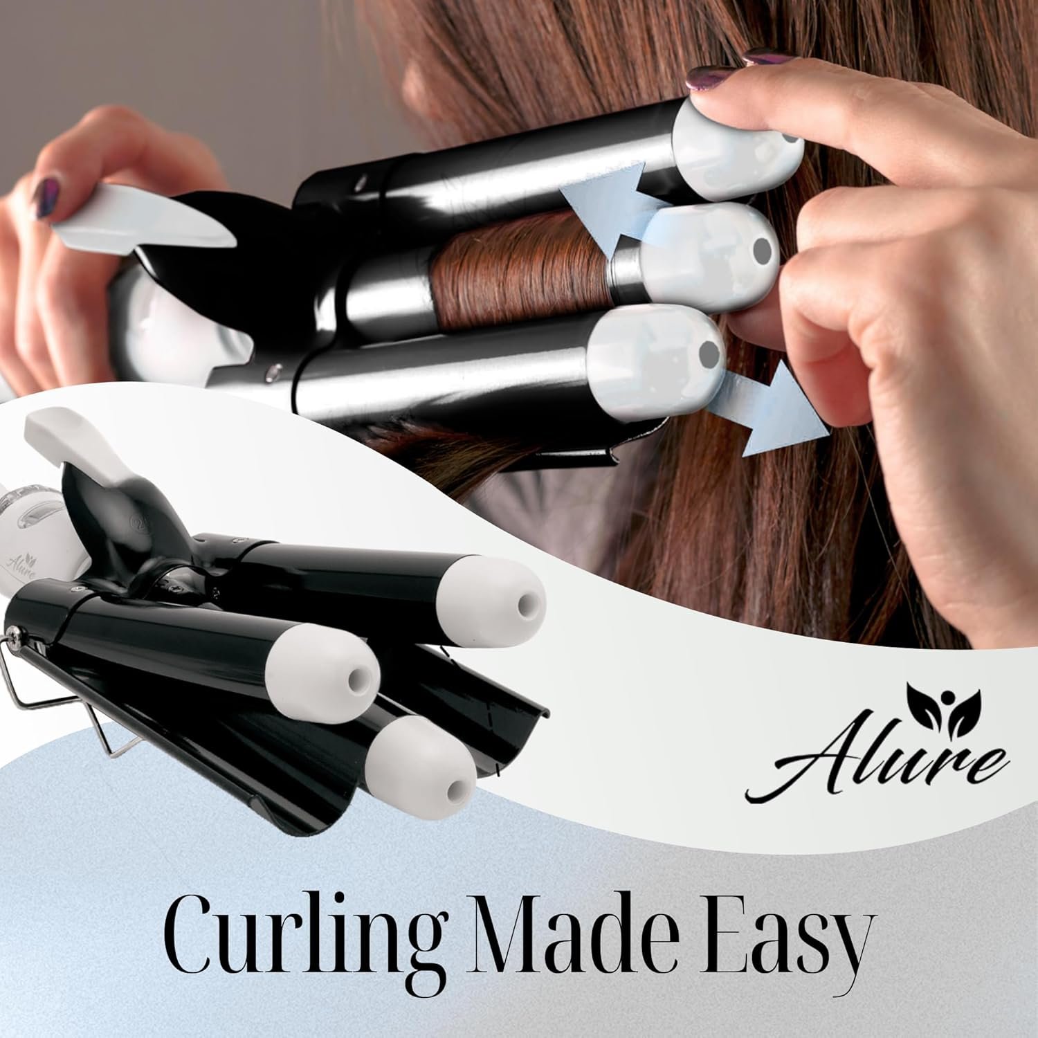 Alure Three Barrel Curling Iron Wand Hair Waver with LCD Temperature Display - 1 Inch Ceramic Tourmaline Triple Barrels, Dual Voltage Crimp (Black/White) - Image 5