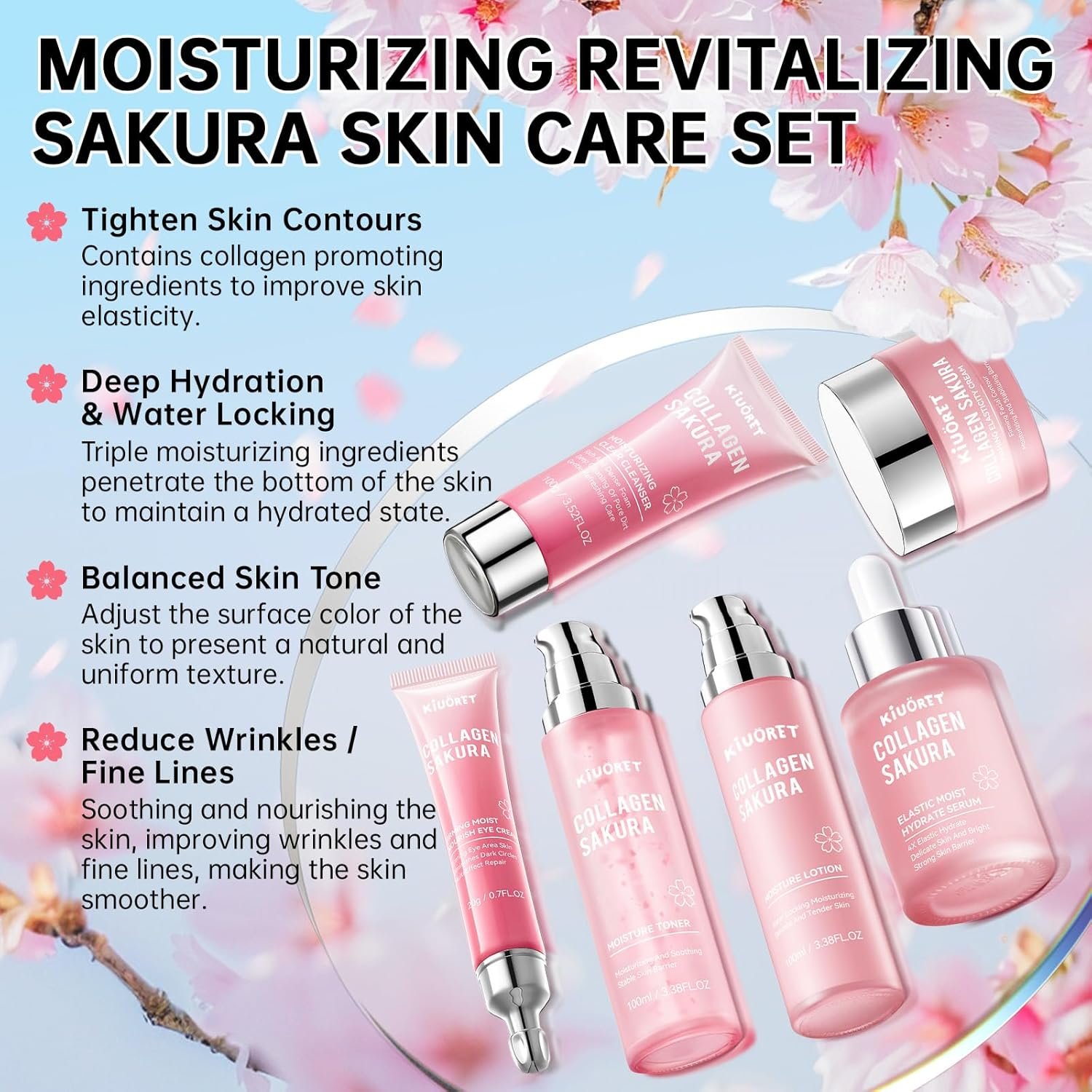 Sakura Skin Care Set - 6 PCS Cherry Blossom Skin Care Kit with Cleanser, Toner, Serum, Lotion, Eye Cream & Face Cream - Moisturizes Skin & Boosts Collagen - Korean Skin Care Set for Teen Girls & Women - Image 2