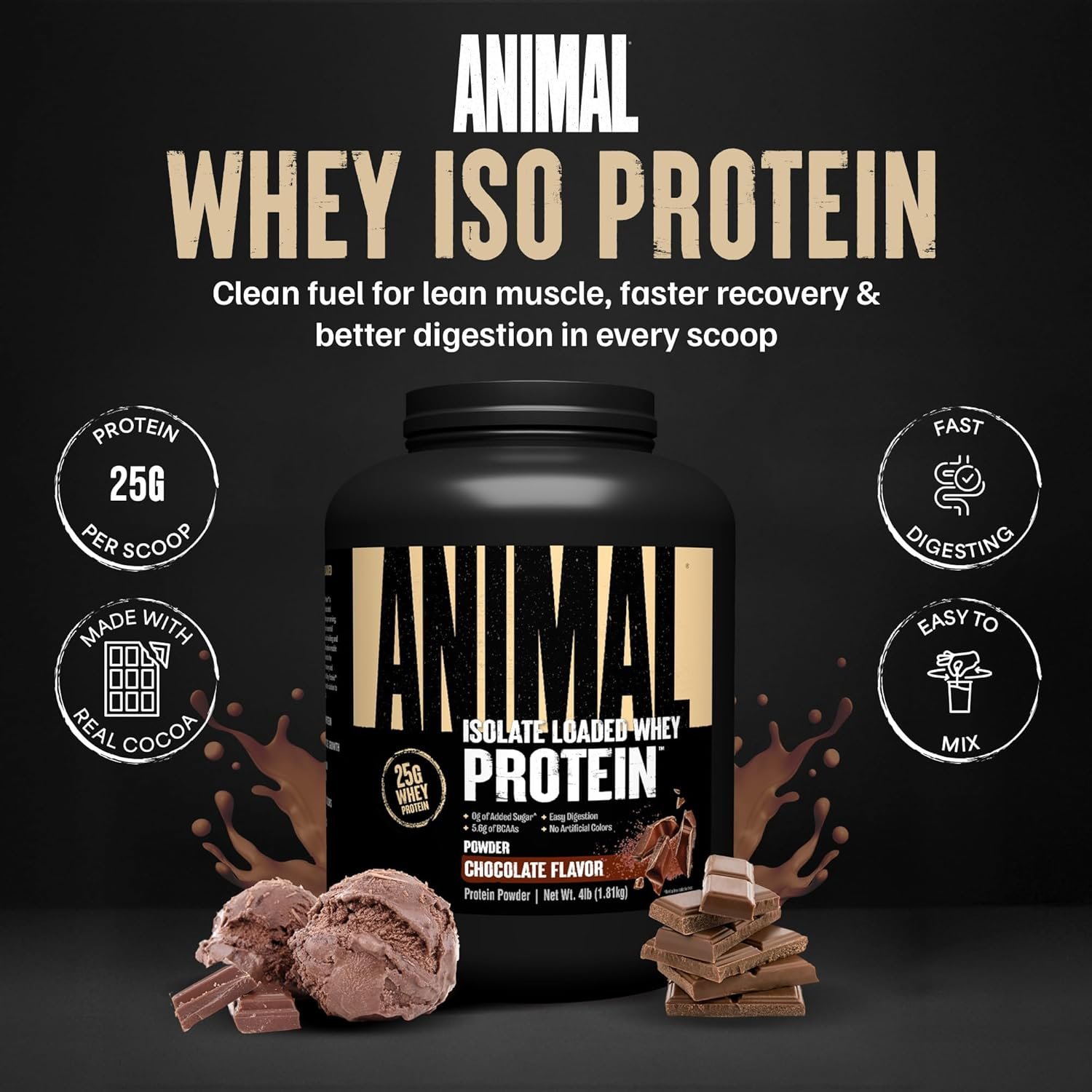 Animal Whey Isolate Protein Powder - Loaded for Pre & Post Workout Muscle Builder and Recovery with Digestive Enzymes for Men & Women - 25g Protein, Great Taste, Low Sugar - Chocolate 4 lbs - Image 2