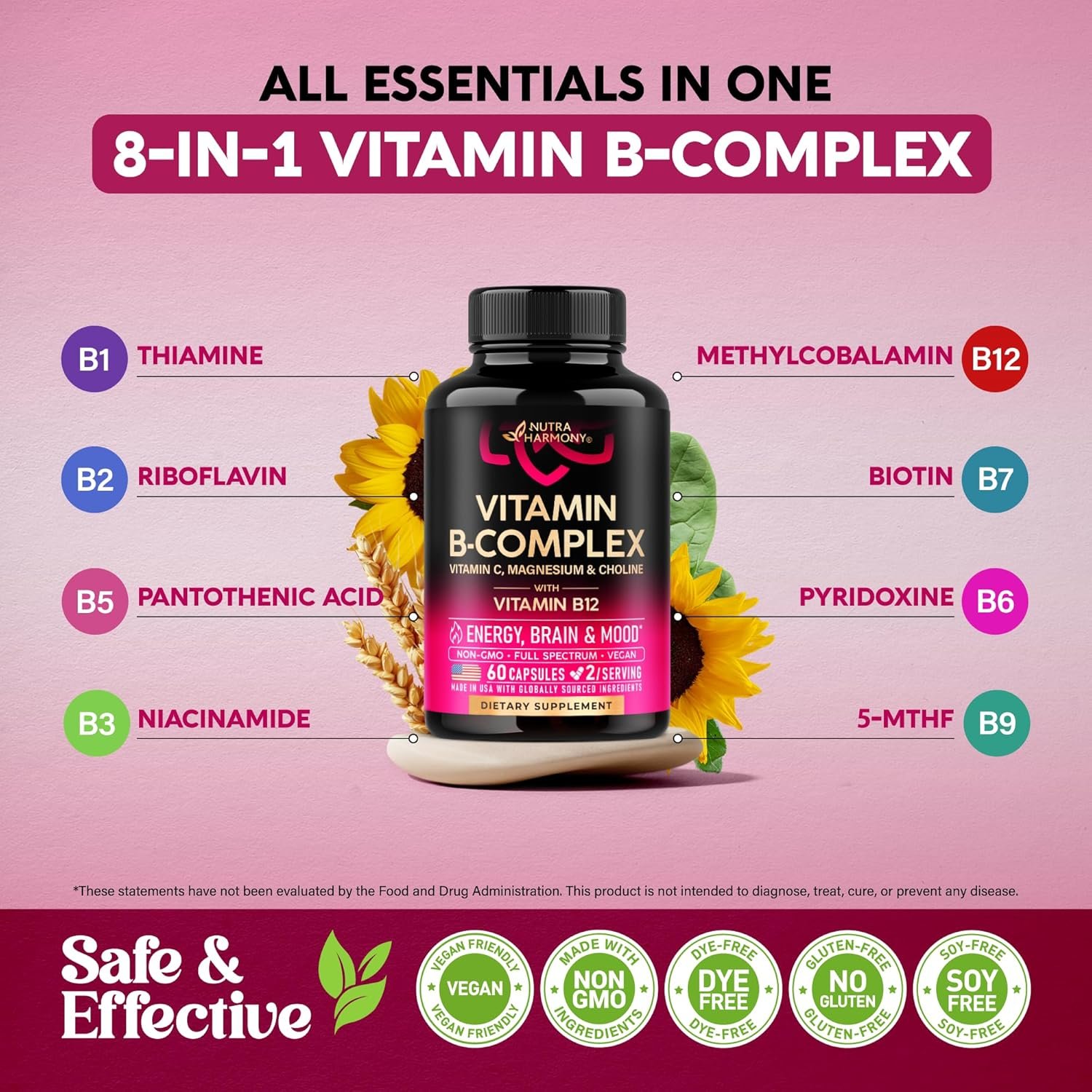 Vitamin B Complex for Men & Women - Riboflavin B2, B12, B1, B3, B5, B6, B7, B8, B9 | Vitamin C, Choline, Inositol | B-Complex Supplement | Energy, Brain & Heart Support | Lab Tested | 60 Vegan Capules - Image 5