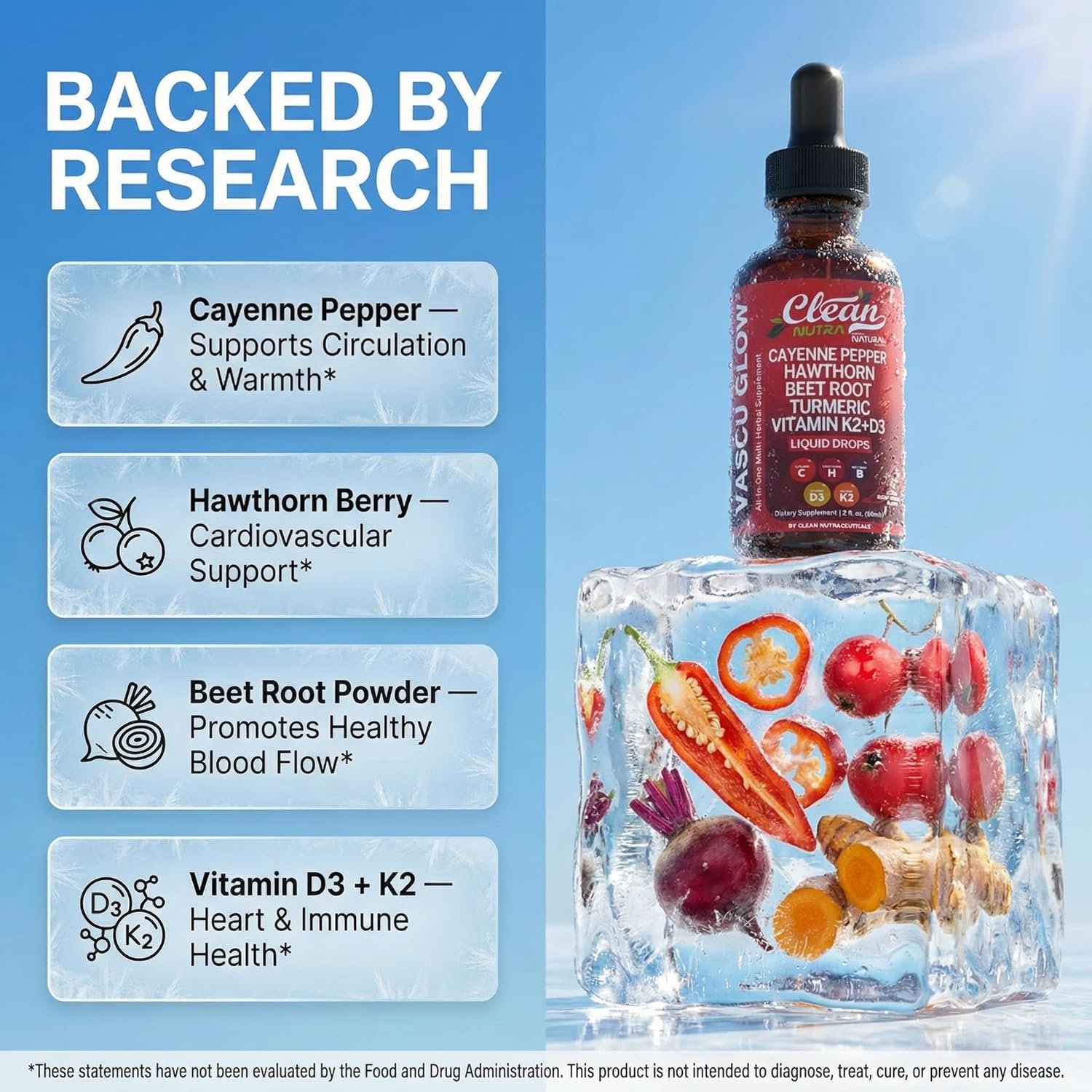 Clean Nutra Cayenne Pepper Drops Supplement Liquid + Hawthorn Berry, Vitamin D3 K2 Beet Root Powder, Ceylon Cinnamon, Turmeric Curcumin, Organic Panax Ginseng, Berberine Extract 1 Pack - Image 3