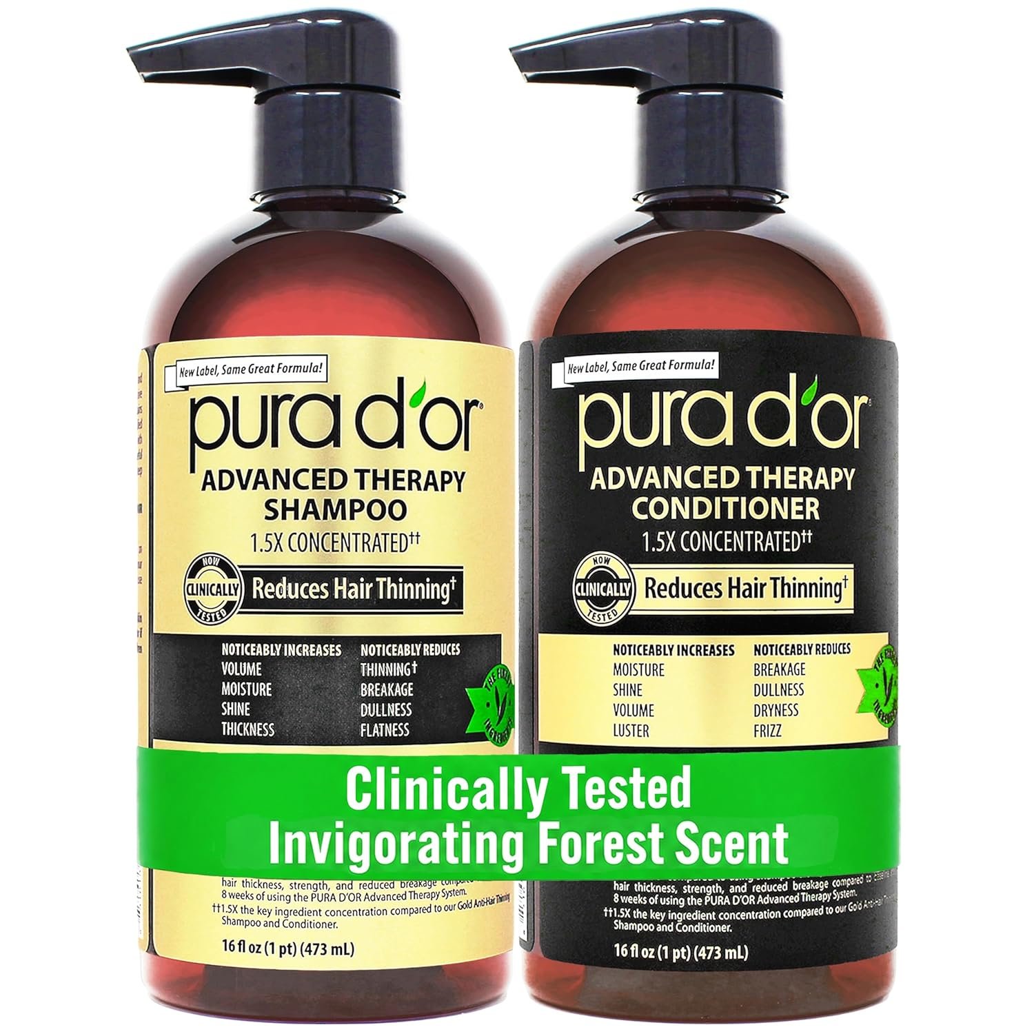 PURA D'OR Advanced Therapy Biotin Shampoo & Hair Regrowth Conditioner Set For Hair Thinning, CLINICALLY TESTED Effective Thickening Results, For Women & Men, Invigorating Forest Scent, 16oz x2