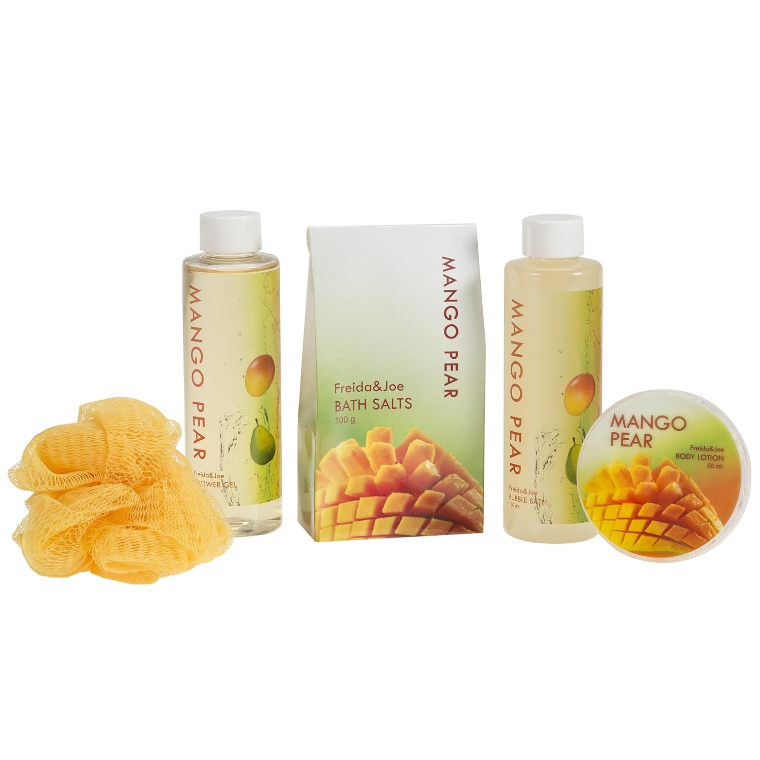 Tropical Mango Pear Fragrance Spa Set for Women - Bath & Body Set in Stylish Orange Tub - Gift Ready with Shower Gel, Body Lotion, Bubble Bath, Bath Salts, and Bath Puff – Mother's - Image 2