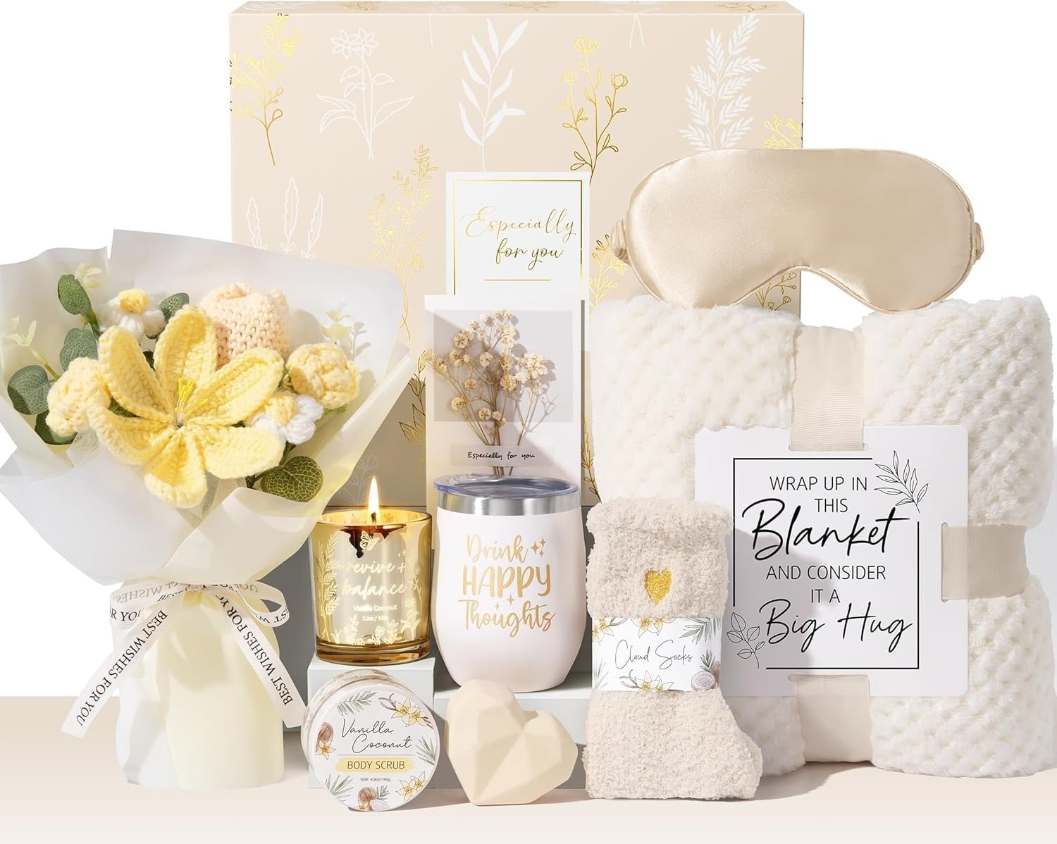 Birthday Gifts for Women Self Care Package Get Well Soon Gift Baskets, Thinking of You Sympathy Gift Set w/ Crochet Flower Bouquet, Unique Christmas Spa Gifts for Women Mom Her Best Friend Sister Wife