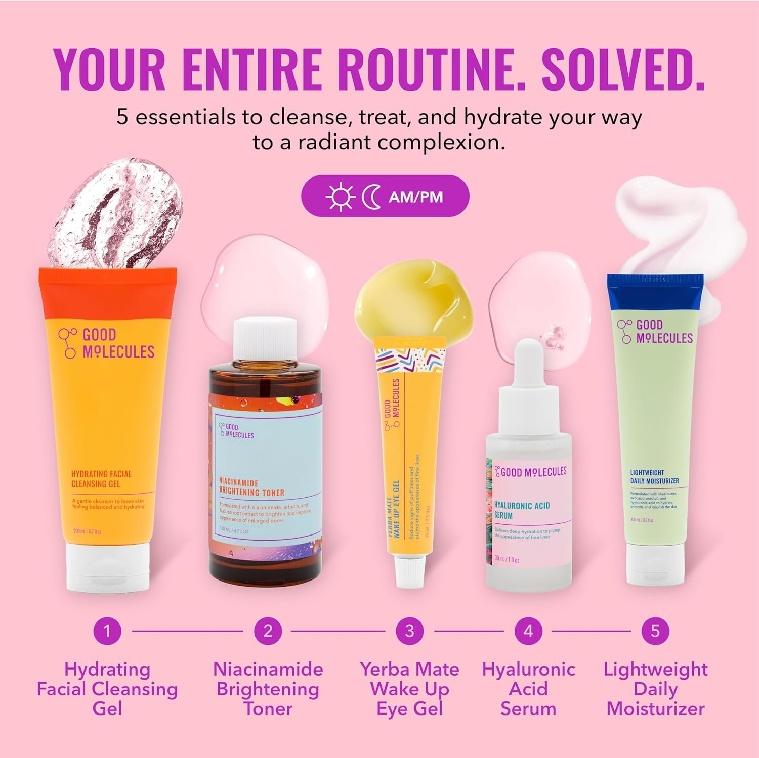Good Molecules Daily Skincare Routine Set with Hydrating Cleanser, Niacinamide Toner, Hyaluronic Acid Serum, Moisturizer, Eye Gel, 5 Pieces - Image 2