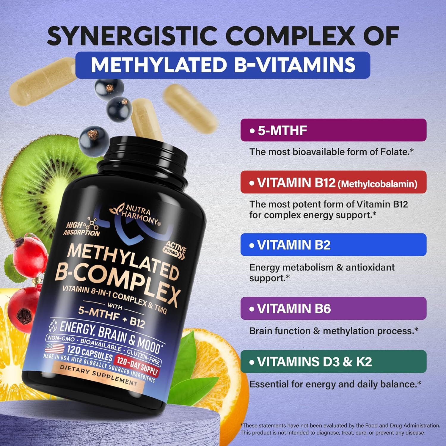 Vitamin B Complex Methylated - B-Complex with Methylfolate & B12 - Bioavailable for Men & Women - 9-in-1 Methylated Multivitamin - Energy, Brain & Mood - Vegan - Lab Tested - 120 Capsules, One/Day - Image 4