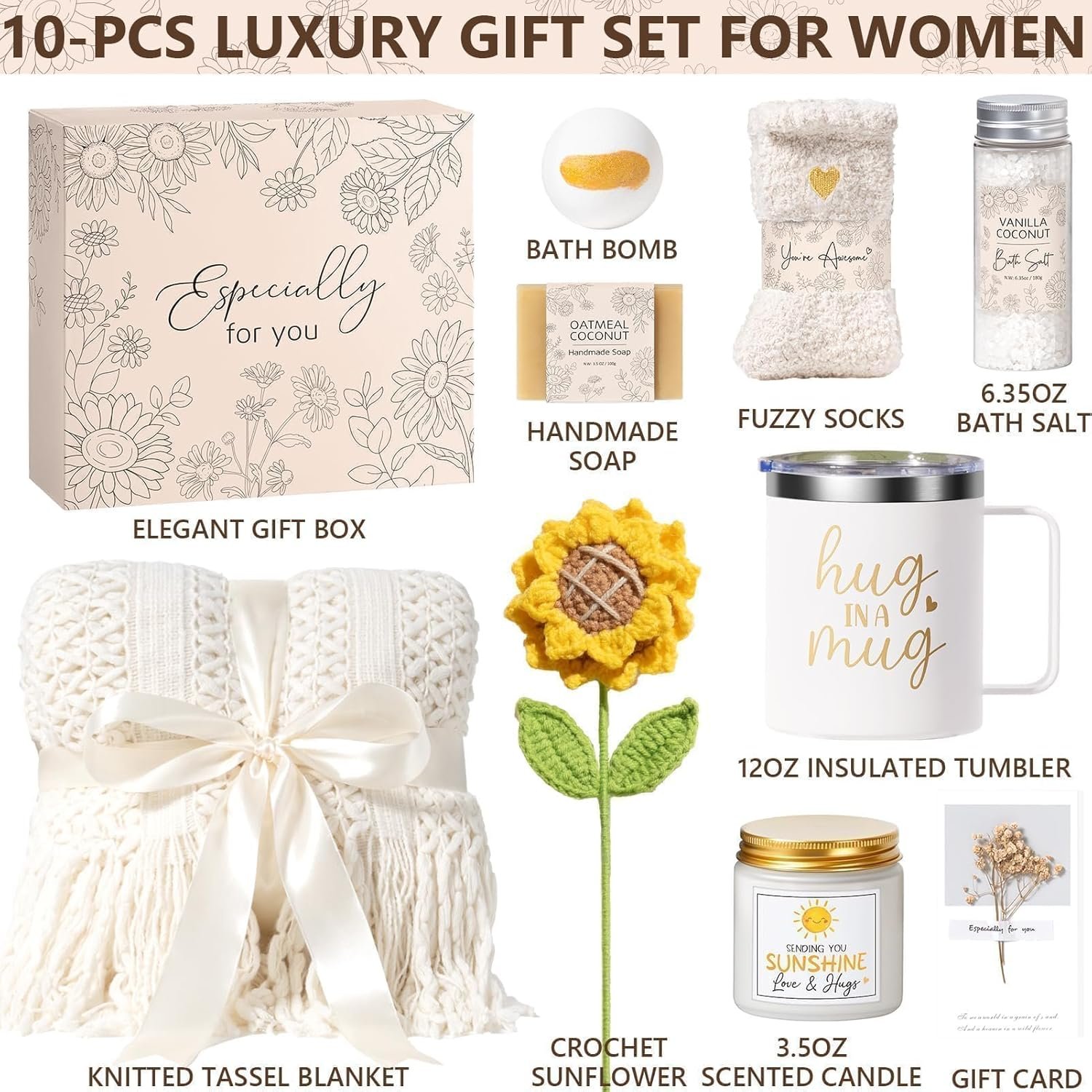 Birthday Gifts for Women Self Care Get Well Soon Gift Baskets, Spa Care Package Thinking of You Gifts, Sending Sunshine Box Unique Christmas Sunflower Gift for Women Mom Her Best Friends Sister Wife - Image 2