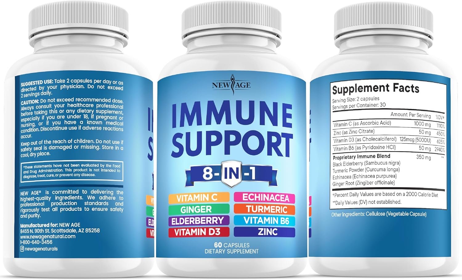 NEW AGE 8 in 1 Immune Support Booster Supplement with Echinacea, Vitamin C and Zinc 50mg, Vitamin D 5000 IU, Turmeric Curcumin & Ginger, B6, Elderberry 60 Count (Pack of 1) - Image 8