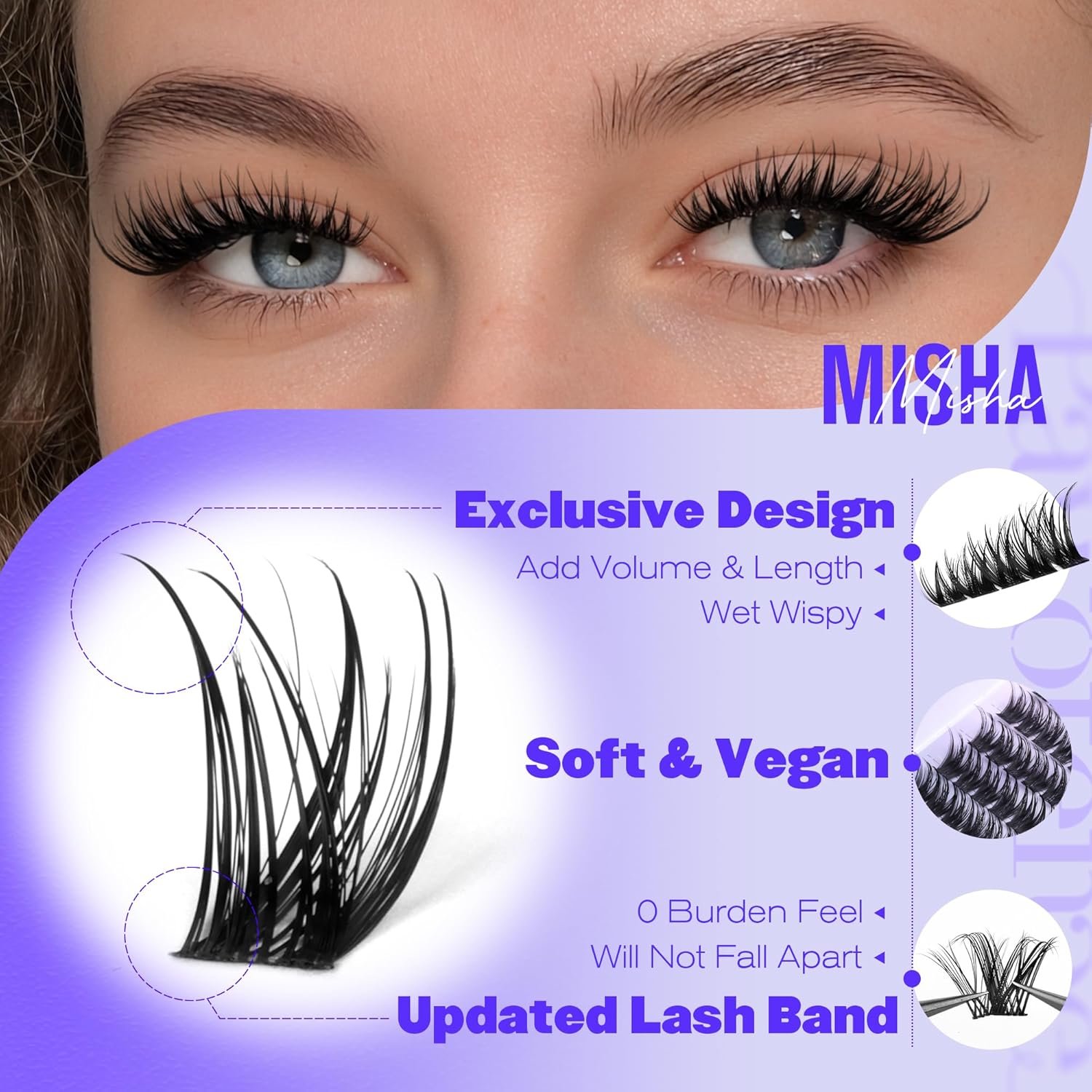 Pawotence Lash Clusters Kit Misha 10-18mm Cluster Lashes Extension Kit 144pcs Eyelash Clusters Wet Look Wispy Lashes Cluster Eyelash Extensions with Waterproof Lash Bond and Seal, Remover, Applicator - Image 5