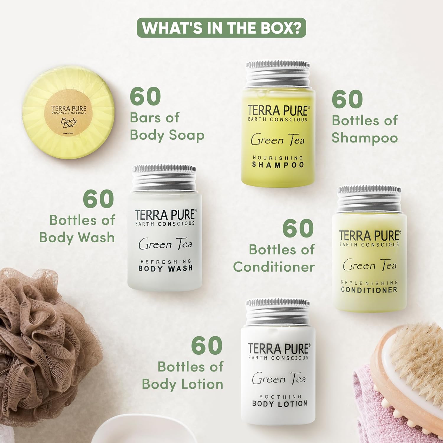 Terra Pure Hotel Soaps & Toiletries Bulk Set | 1-Shoppe Amenities Kit | 1oz Shampoo & Conditioner, Body Wash, Lotion, 1.25oz Bar Soap | Travel Size | 300 Pieces - Image 3