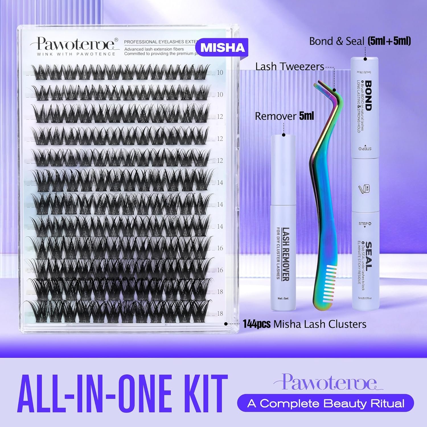 Pawotence Lash Clusters Kit Misha 10-18mm Cluster Lashes Extension Kit 144pcs Eyelash Clusters Wet Look Wispy Lashes Cluster Eyelash Extensions with Waterproof Lash Bond and Seal, Remover, Applicator - Image 2