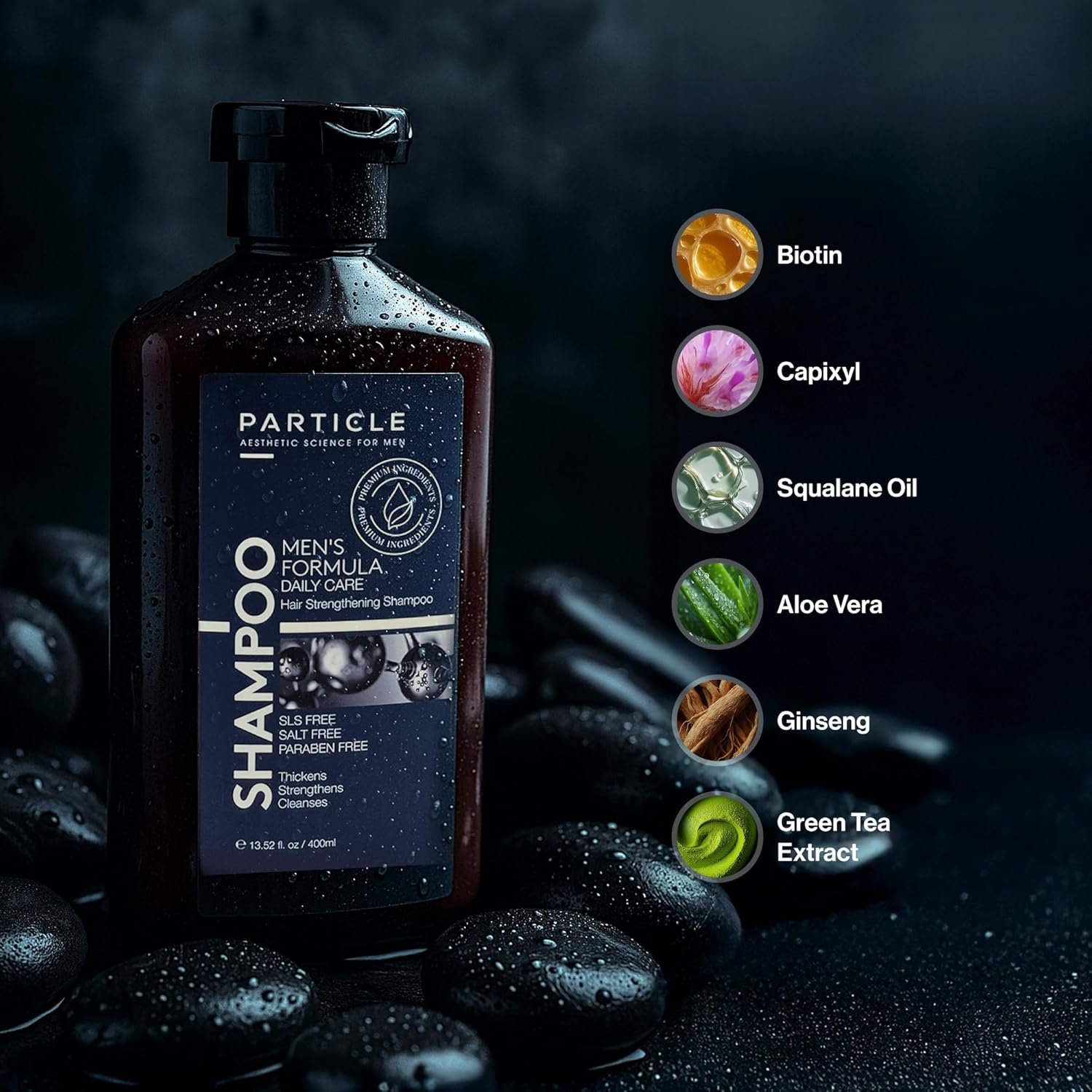 Particle Hair Thickening Shampoo for Men, Men’s Shampoo, Cleansing Formula Made with Biotin, Capixyl, Redensyl, Ginseng and Green Tea Extract for Hair Strength Support, Paraben Free, 400 mL - Image 3