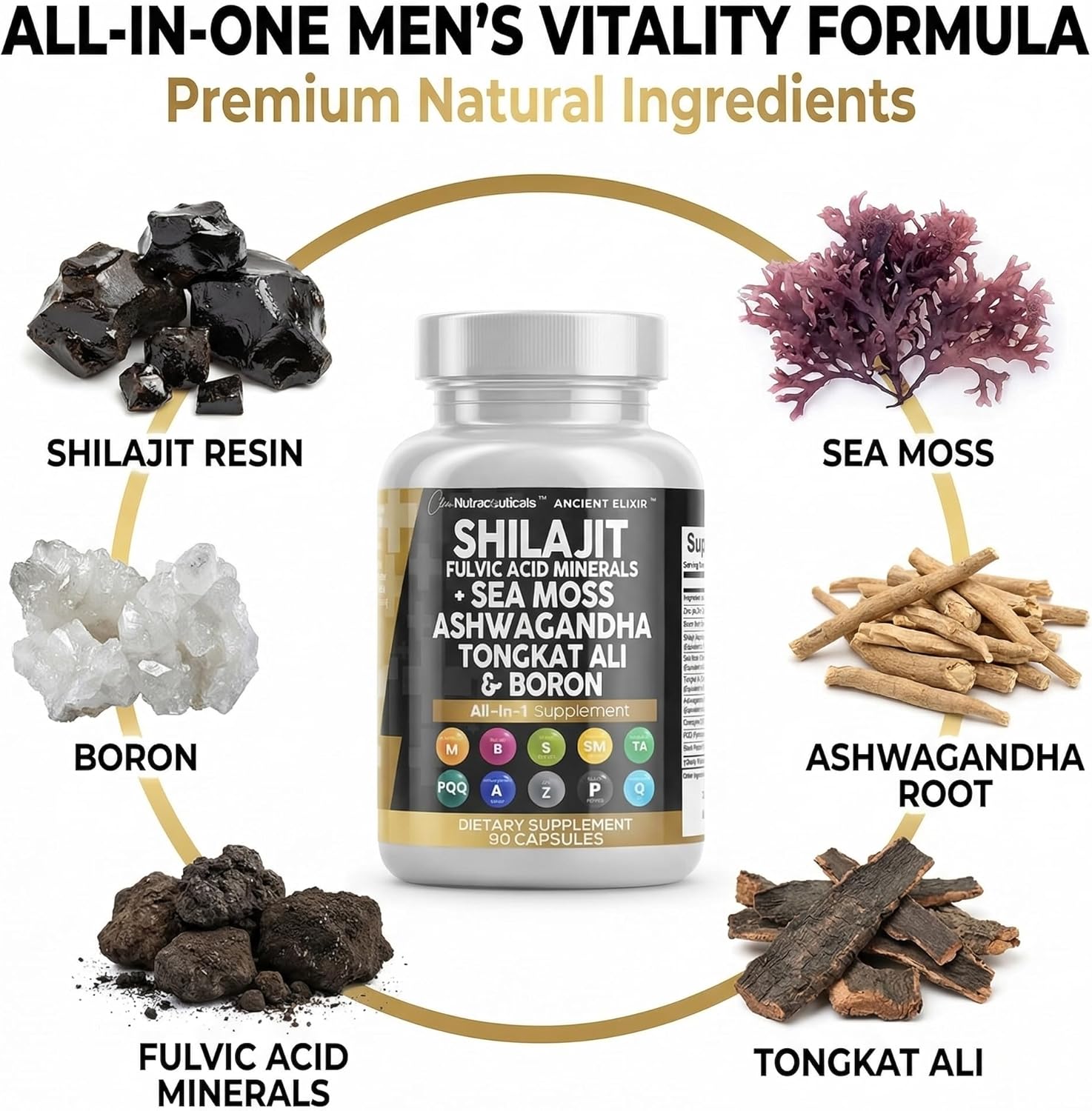 Clean Nutraceuticals Shilajit Supplement for Men with Sea Moss, Tongkat Ali, Ashwagandha, Boron, Zinc, CoQ10, PQQ - Fulvic Acid Capsules - Energy Support - 90 Count - Resin, Gummy & Powder Alternative - Image 3