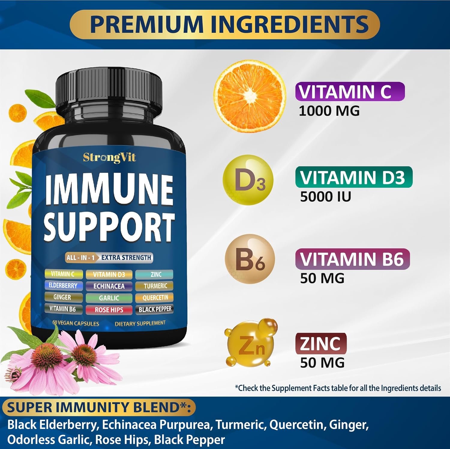 StrongVit Immune Support Supplement 12 in 1 Complex with Vitamin C, D3, Zinc, Echinacea, Elderberry, Ginger, Turmeric. Immune Defend for Men & Women, Non-GMO, Gluten-Free, Vegan, USA - Image 2
