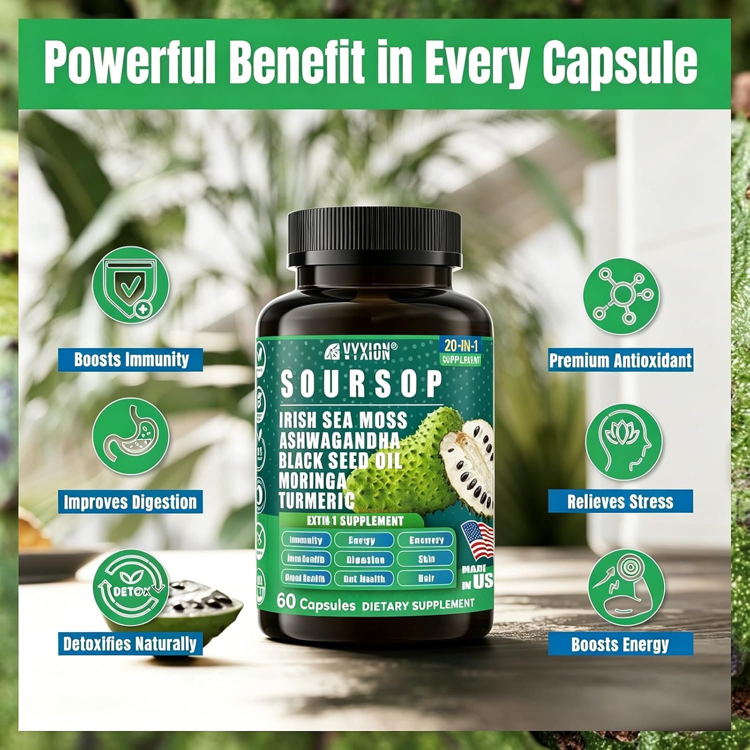 Soursop Graviola Supplement with Sea Moss, Moringa, Turmeric, Black Seed Oil, Oregano, Ashwagandha | 20-in-One Herbal extracts for Overall Health-Enhancing | Vegan, Non-GMO | 60 Capsules - Image 5