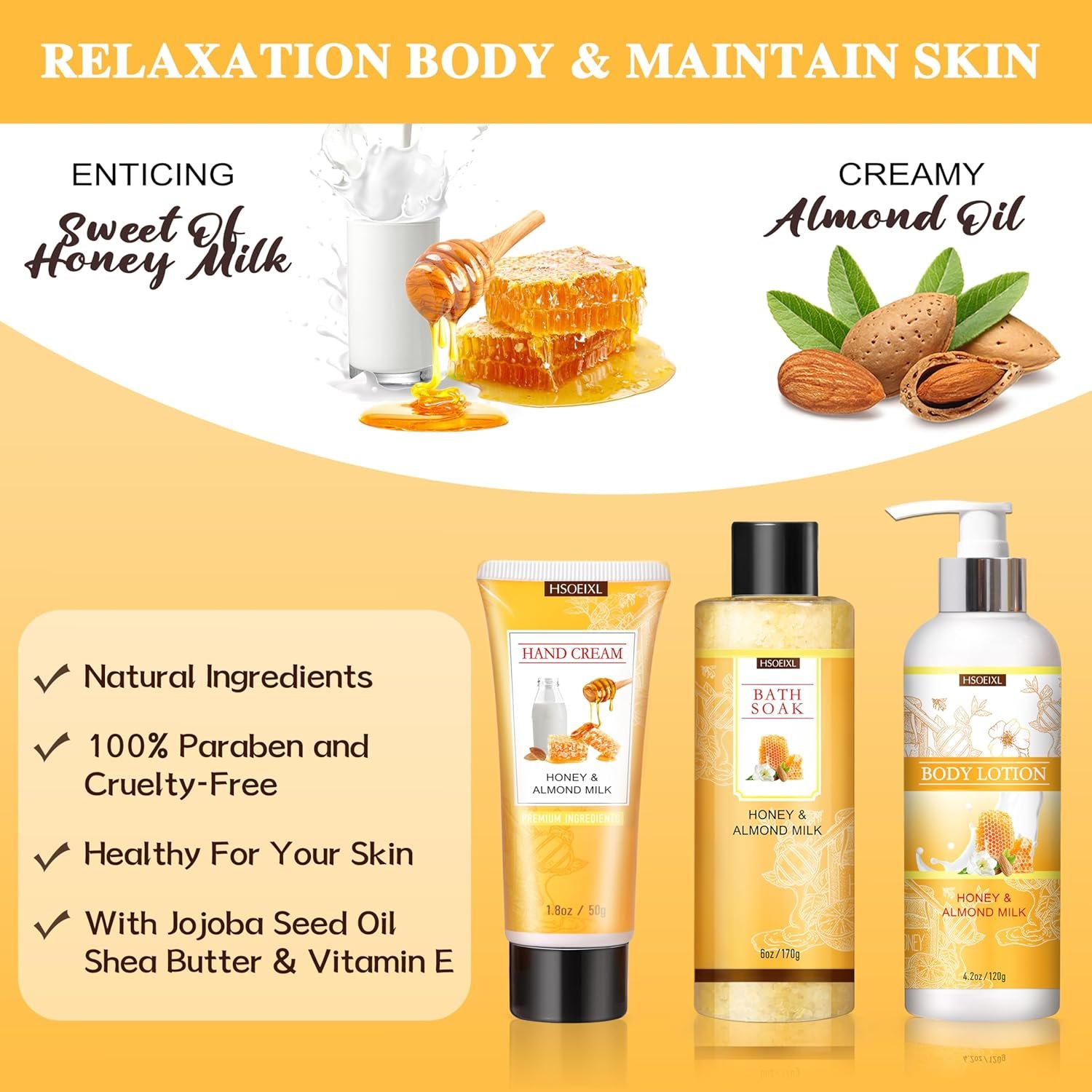 Gifts for Women, Birthday Gift for Women, 9 Pc Almond Milk & Honey Bath and Body Gifts Set, Self Care Gifts Spa Gift Basket, Relaxing Bath Sets for Mom, Girlfriend, Sister, Female Friends, Coworker - Image 5