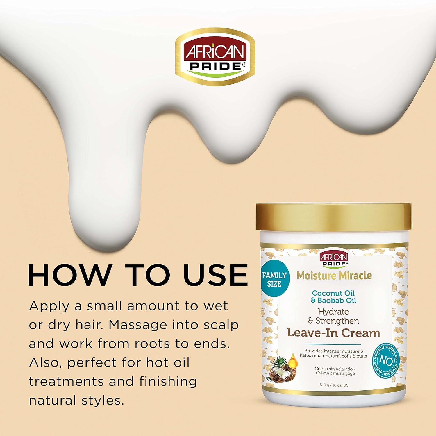 African Pride Moisture Miracle Leave-In Cream with Baobab Oil & Coconut Oil for Coily & Curly Hair, Adds Moisture, Helps Repair & Strengthen, 18 oz - Image 2