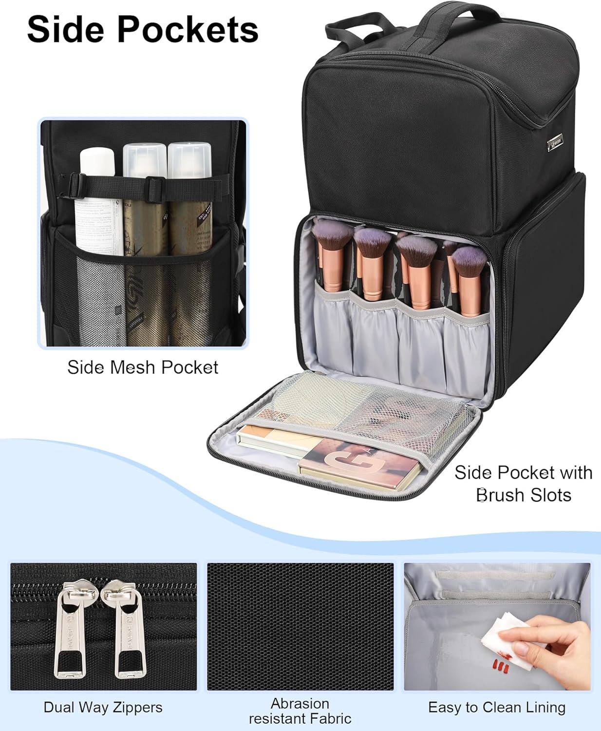 Relavel Makeup Backpack Large Makeup Bag with 3 Clear Set Bags, Dual Layer Professional Cosmetic Organizer Travel Train Case Makeup Artist Kit with Adjustable Dividers & Easy to Clean Lining, Black - Image 5