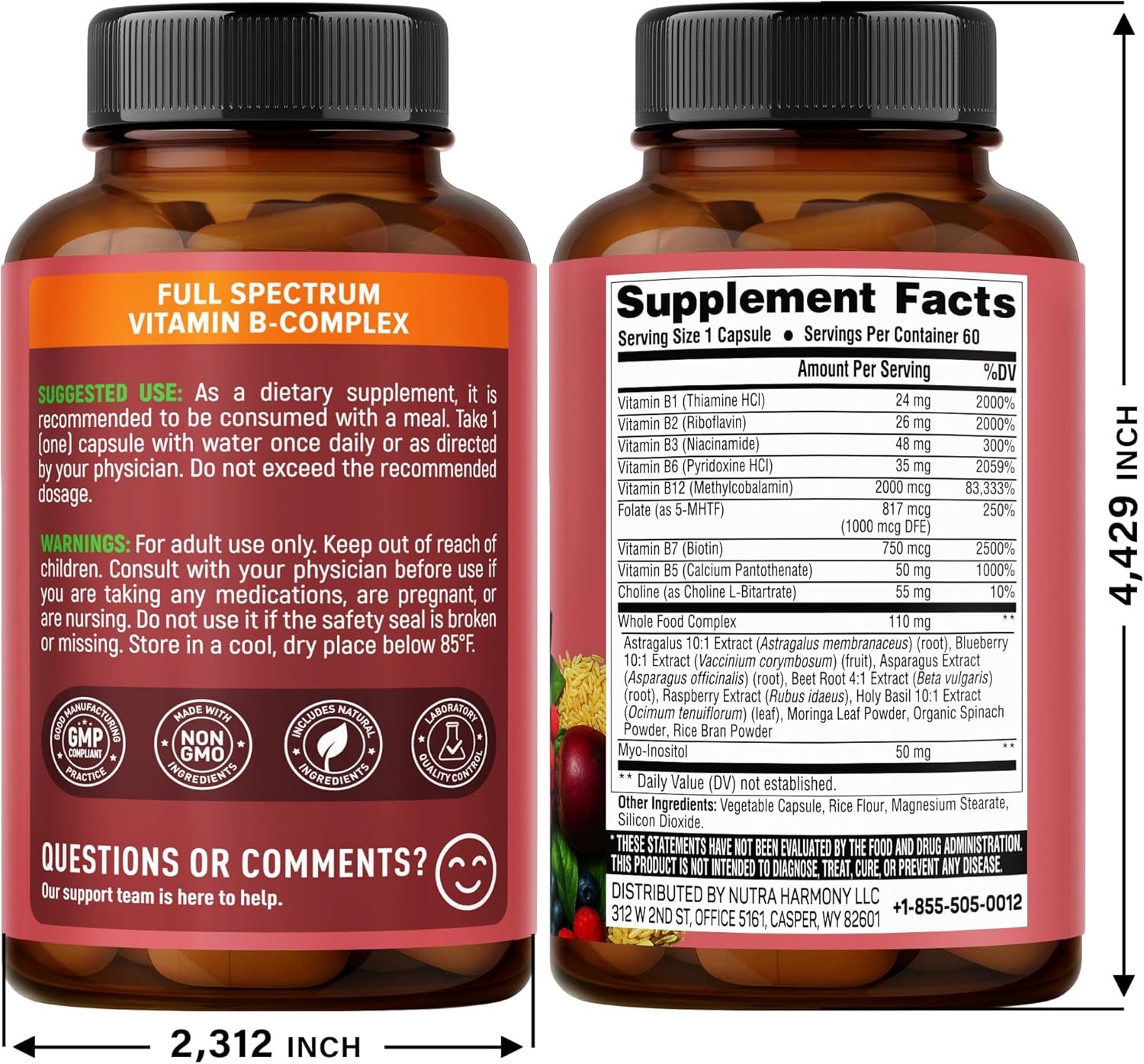 Vitamin B Complex - B1 | B2 | B3 | B5 | B6 | Biotin | B12 | 5-MTHF - Astragalus & Whole Food Blend - Energy, Metabolism & Brain - Vitamins B for Women & Men - Lab Tested - 60 Capsules, 60 Days Supply - Image 2