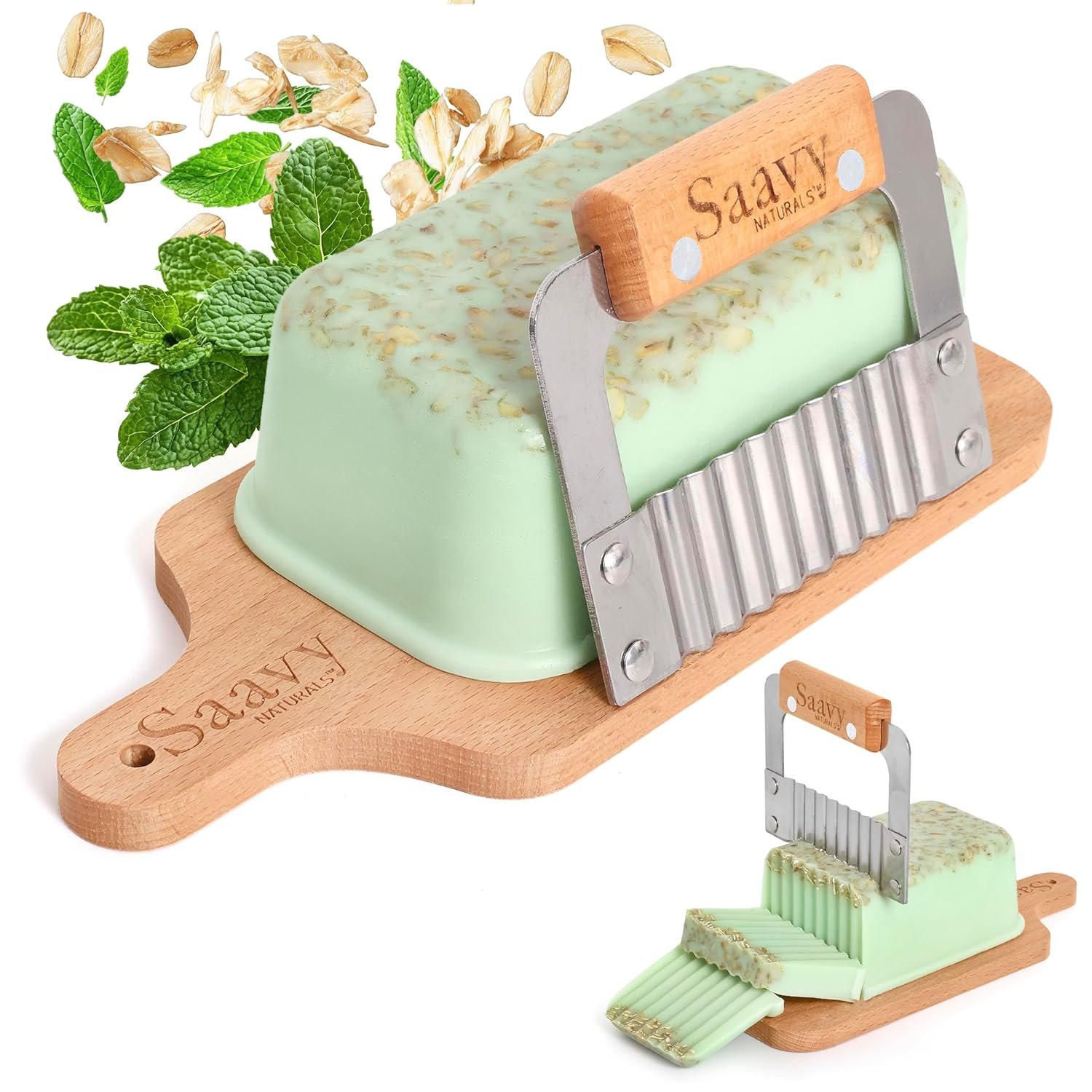 Saavy Naturals Hydrating & Purifying Artisan Soap Loaf with Cutter, & Wood Cutting Board – Plant-Based, Nourishing & Moisturizing Soap Gift for Men & Women – Minty Oat, 1lb