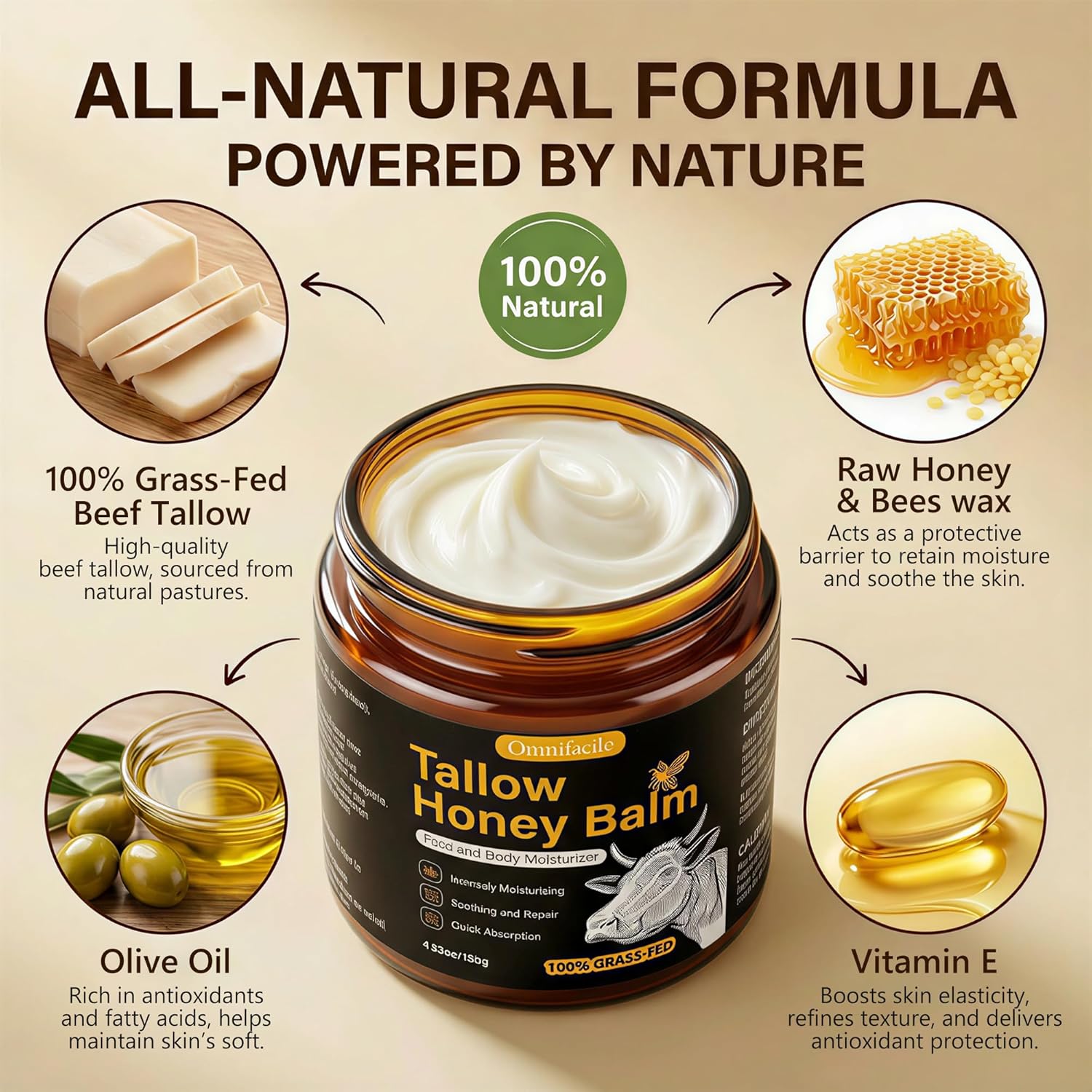 Beef Tallow for Skin,Face,Body - Handmade Whipped Tallow Face Moisturizer& Tallow Balm with 100% Grass-Fed Beef Tallow & Raw Honey,Narural Organic Tallow and honey balm for Men&Women,Unscented,4.23OZ - Image 3