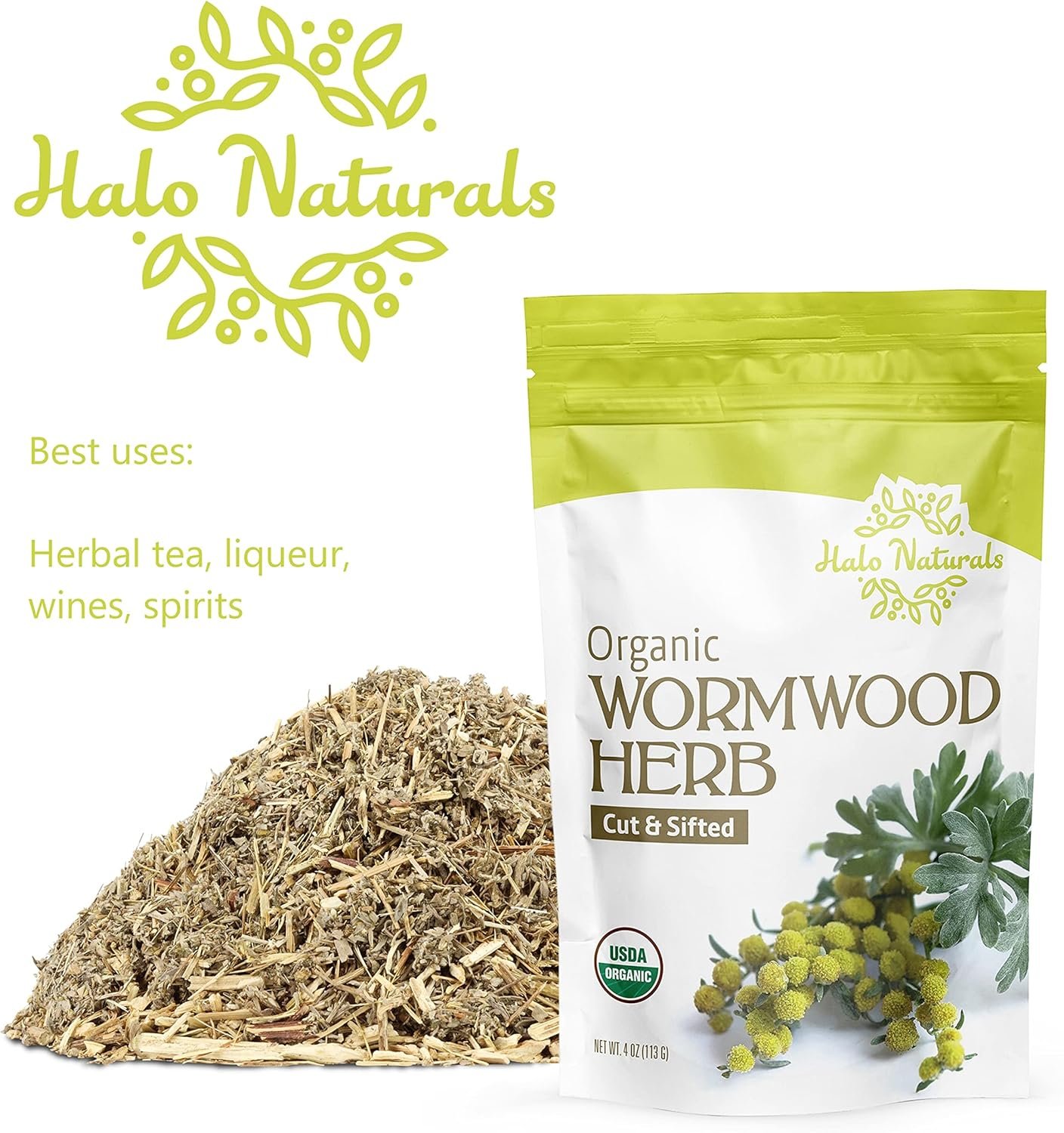 Halo Naturals Organic Wormwood Herb Cut & Sifted, 4 Ounces (Artemisia Absinthium) USDA Certified Wormwood Tea | Non-GMO | Vegan| Resealable Pouch| Packaged in The USA (Pack of 1) - Image 5
