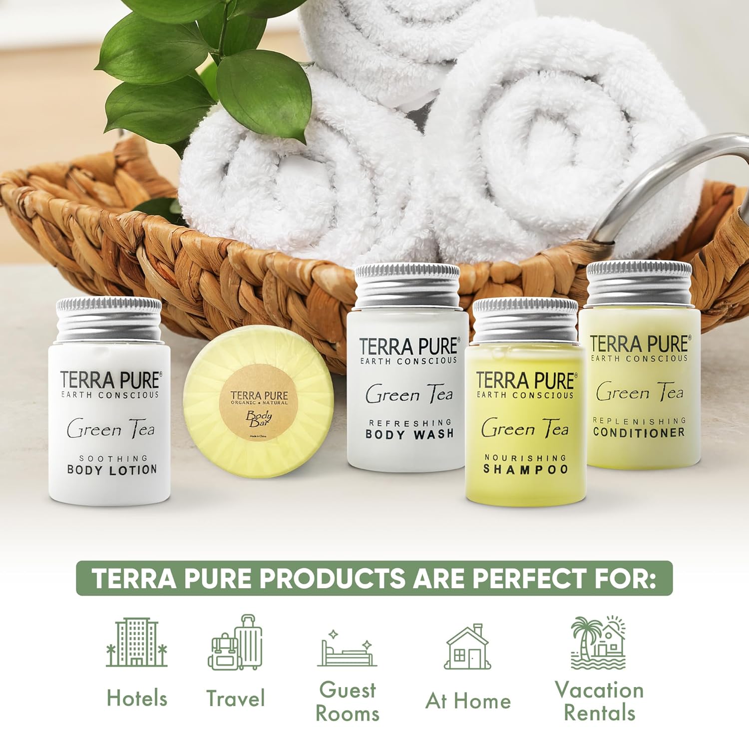 Terra Pure Hotel Soaps & Toiletries Bulk Set | 1-Shoppe Amenities Kit | 1oz Shampoo & Conditioner, Body Wash, Lotion, 1.25oz Bar Soap | Travel Size | 300 Pieces - Image 2