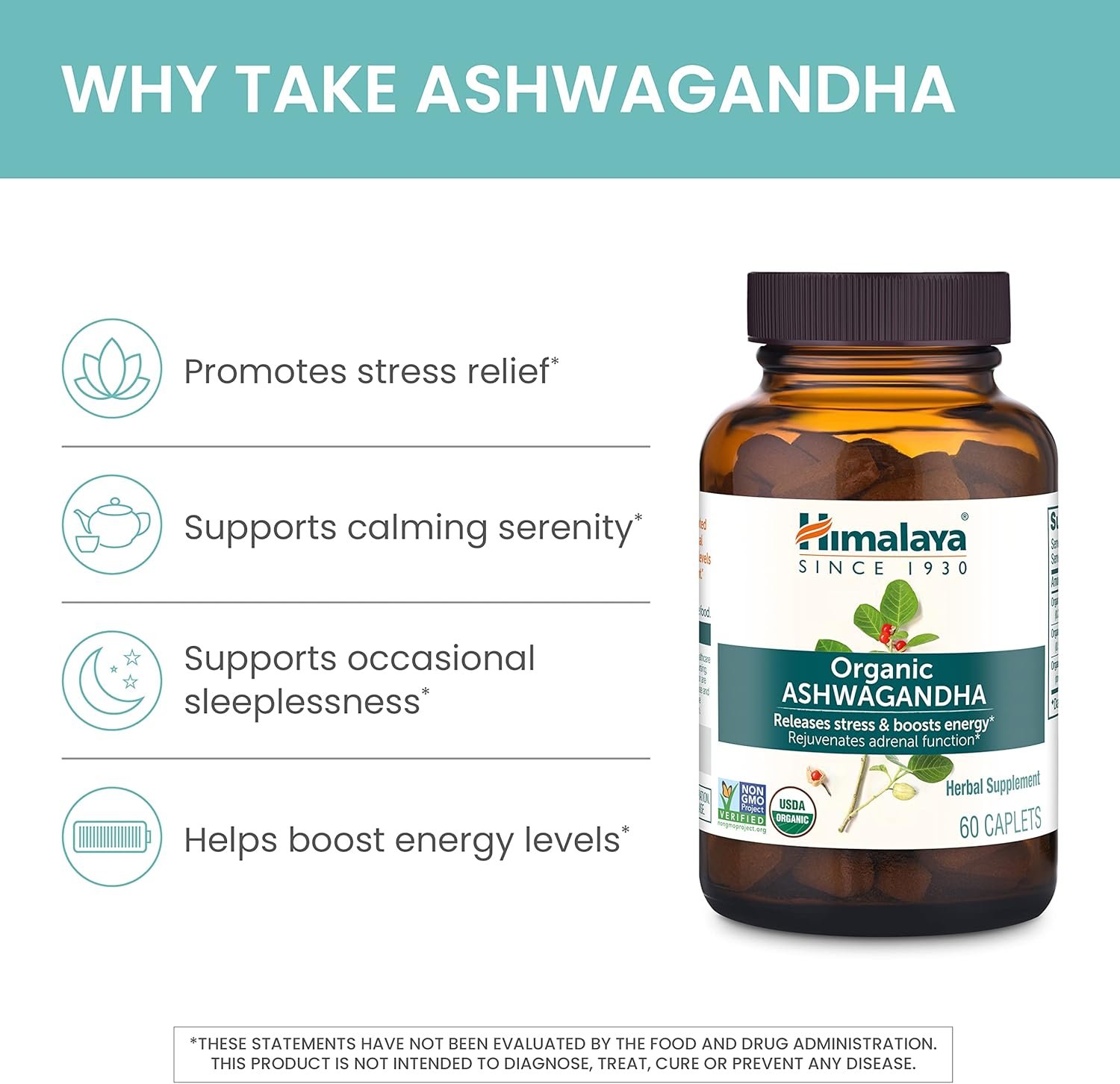 Himalaya Organic Ashwagandha Root, 2 Month Supply - Herbal Adrenal Support Supplements for Stress Relief and Energy Support - USDA Organic, Non-GMO, Vegan, Gluten Free, 670 mg, 60 Caplets - Image 3