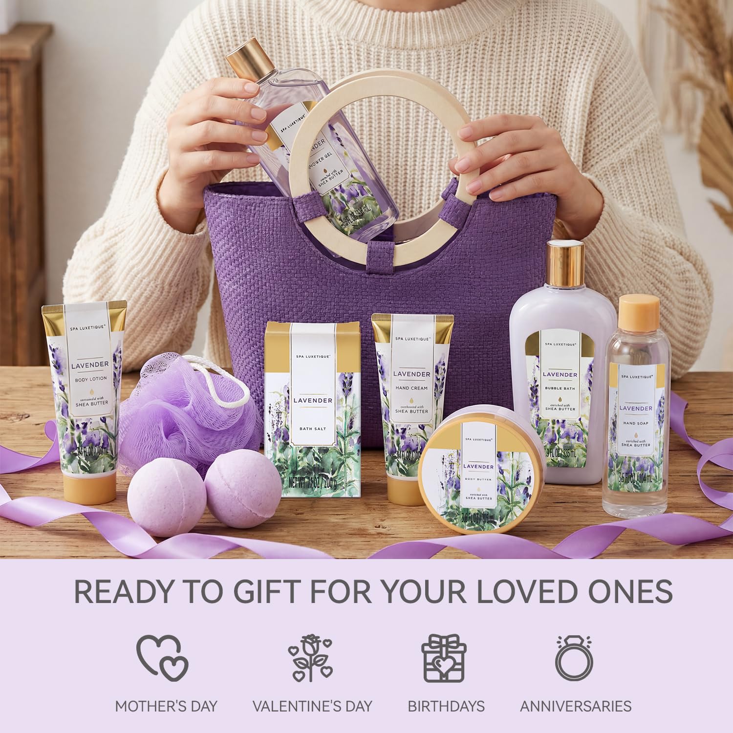 Spa Luxetique Gift Baskets for Women, Spa Gifts for Women - 10pcs Lavender Bath and Body Sets with Body Lotion, Bubble Bath, Relaxing Spa Sets, Birthday Mothers Day Gifts for Mom - Image 6