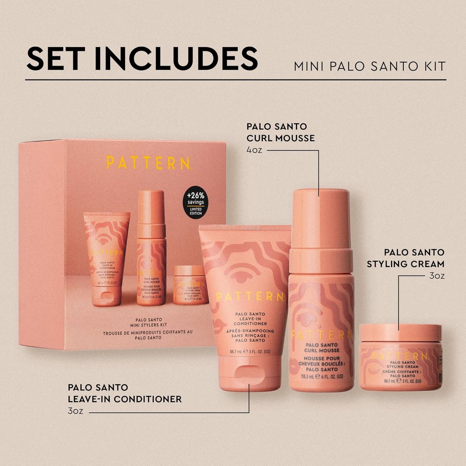 PATTERN Beauty by Tracee Ellis Ross Palo Santo Mini Kit features our Bestsellling Formulas: Palo Santo Leave-In Conditioner, Palo Santo Curl Mousse, Palo Santo Styling Cream in Mini Travel Sizes - Image 2