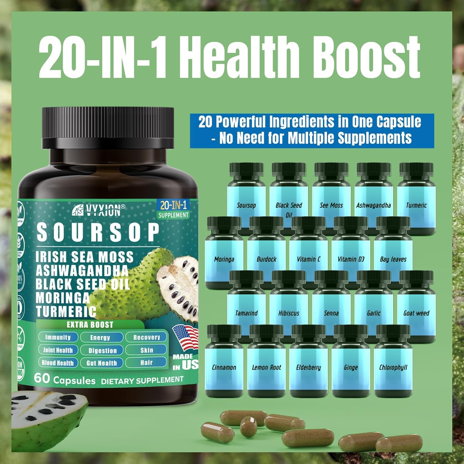 Soursop Graviola Supplement with Sea Moss, Moringa, Turmeric, Black Seed Oil, Oregano, Ashwagandha | 20-in-One Herbal extracts for Overall Health-Enhancing | Vegan, Non-GMO | 60 Capsules - Image 4