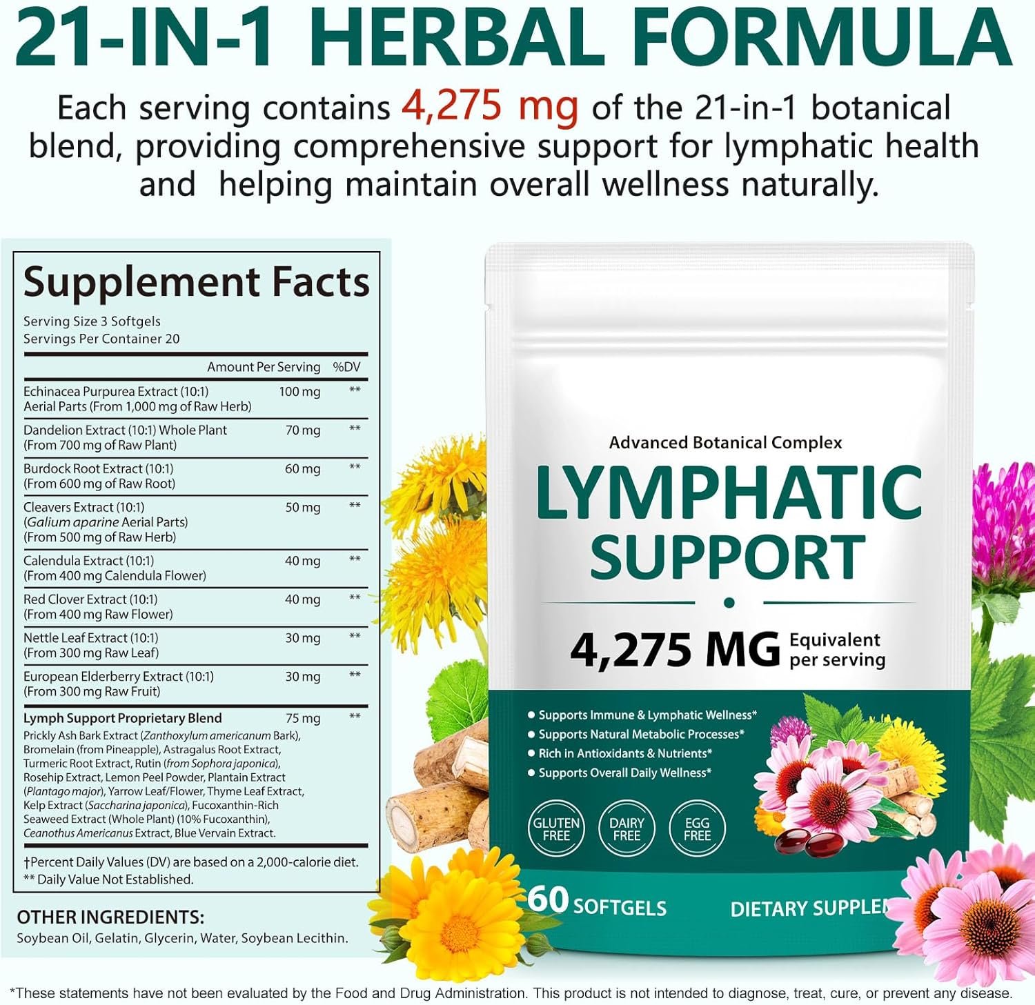 Lymphatic Drainage Supplements, 4275mg Herbal Blend for Immune and Fluid Health for Men Women,with Dandelion, Burdock Root, Echinacea, Turmeric, 60 Softgels for Lymph System Balance - Image 5