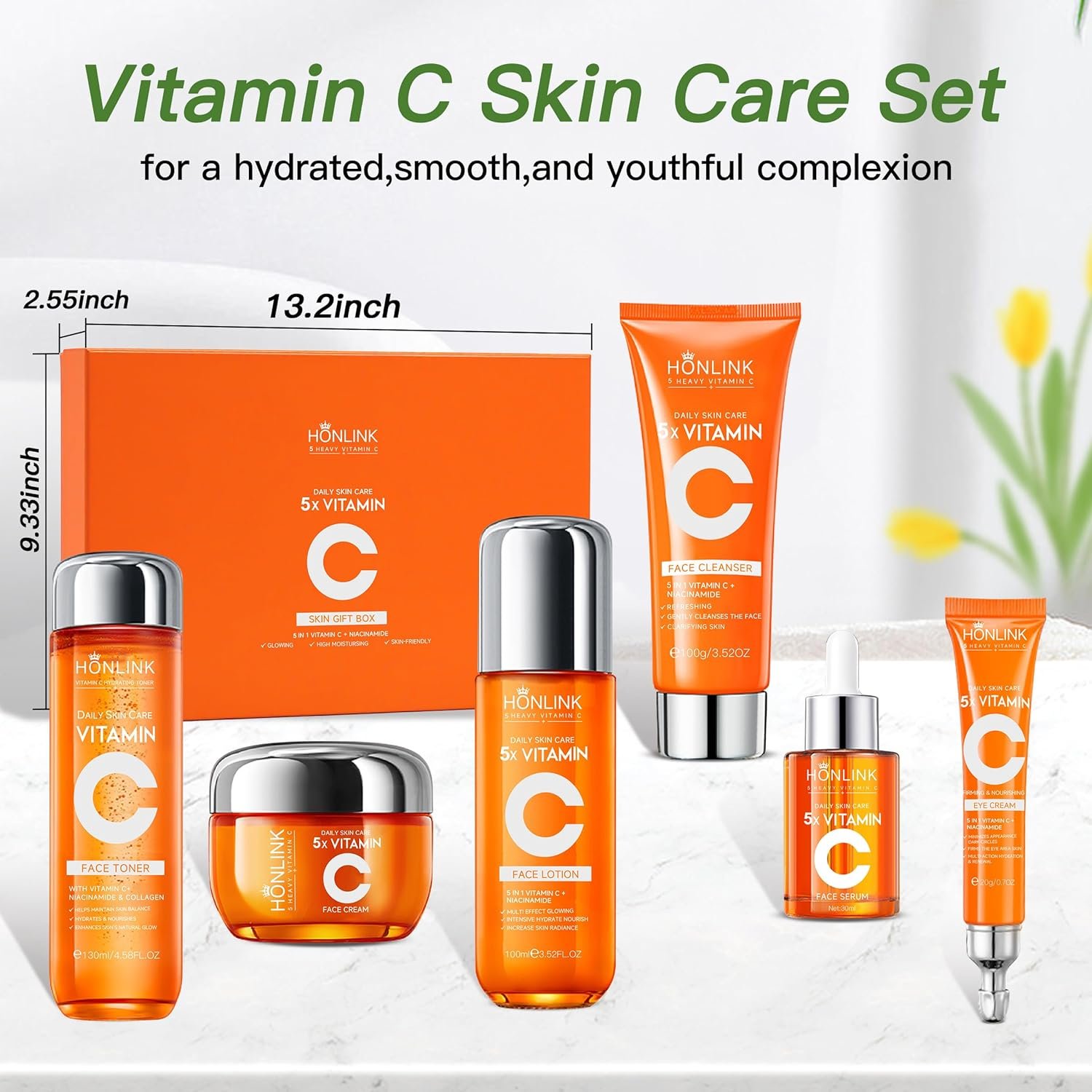 Glown 6-Piece Hydrating Skincare Set with Vitamin C & Niacinamide | Face & Body Care Kit with Cleanser, Toner, Serum, Moisturizer, Eye Cream & Body Lotion | Self-Care Gift Set for Women - Image 5