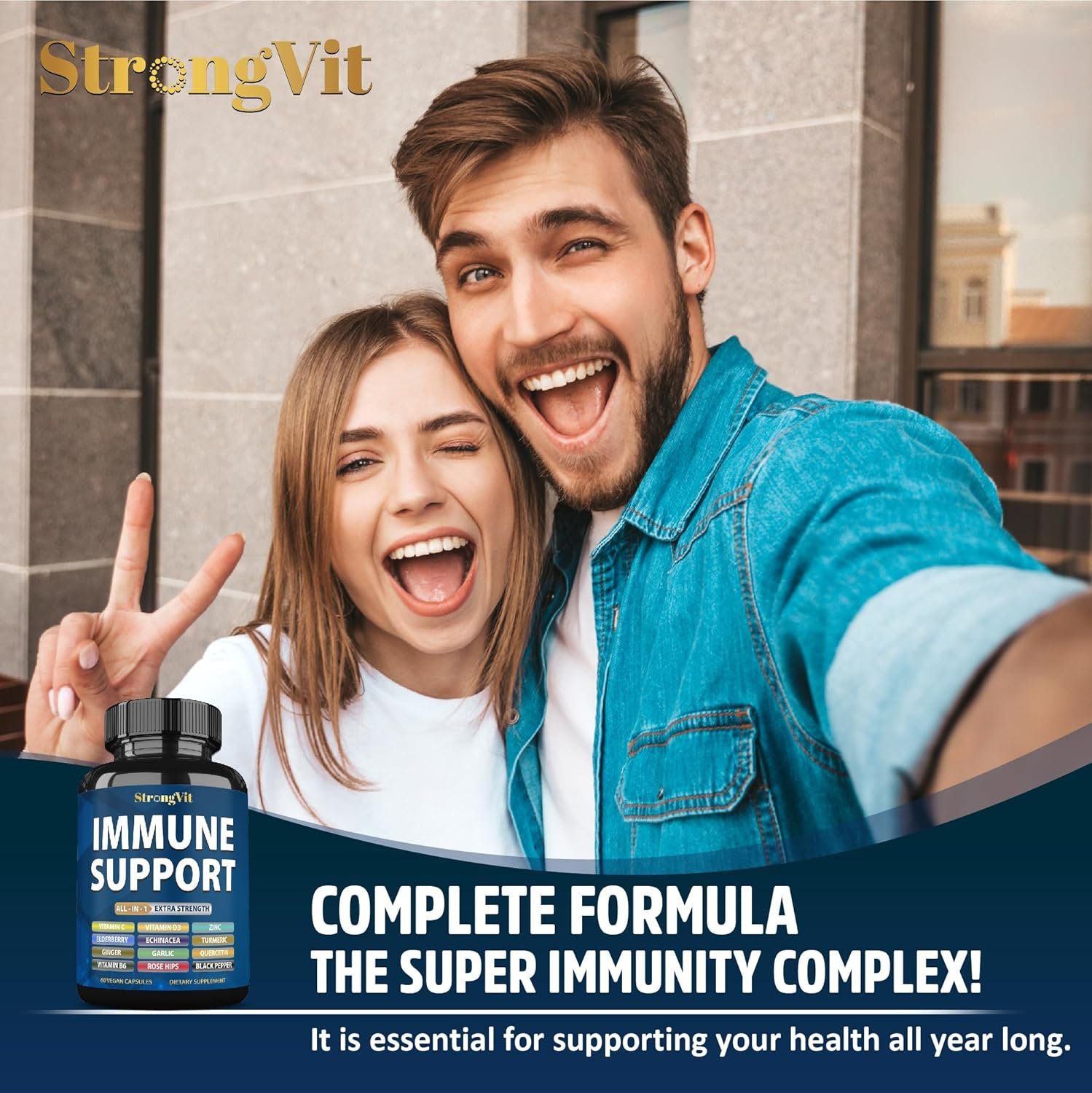 StrongVit Immune Support Supplement 12 in 1 Complex with Vitamin C, D3, Zinc, Echinacea, Elderberry, Ginger, Turmeric. Immune Defend for Men & Women, Non-GMO, Gluten-Free, Vegan, USA - Image 4