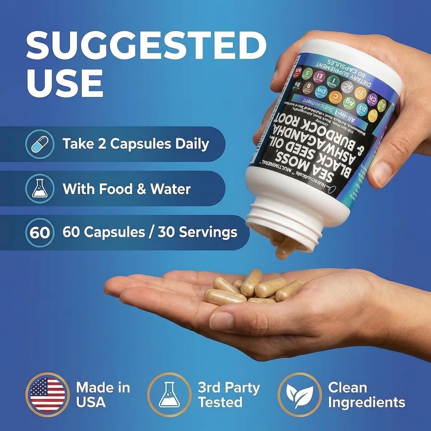 Clean Nutraceuticals Sea Moss Black Seed Oil Ashwagandha Turmeric Bladderwrack Burdock & Vitamin C Vitamin D3 with Elderberry Manuka Dandelion Yellow Dock Iodine Chlorophyll ACV - Image 6