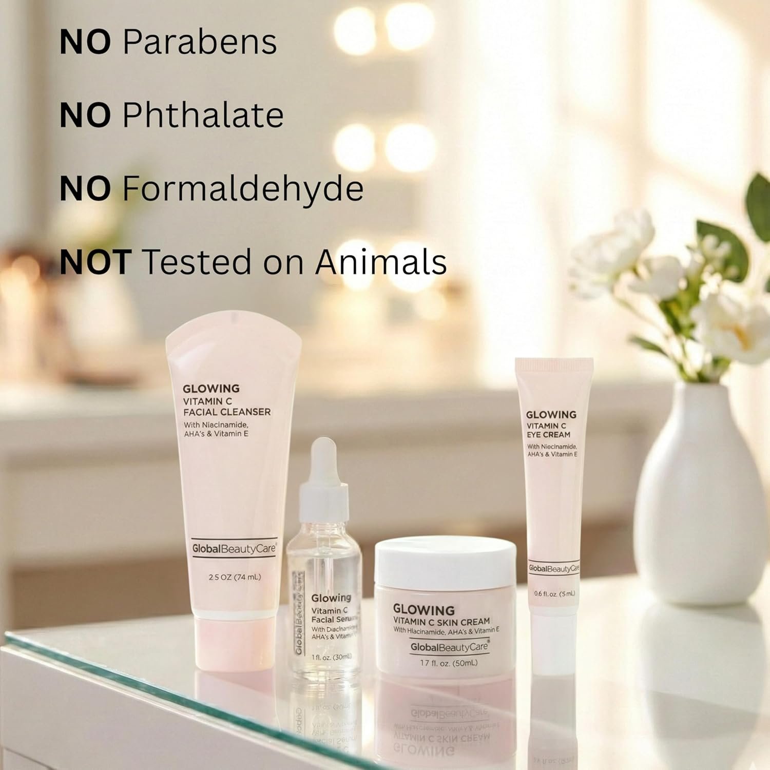 Global Beauty Care Vitamin C Glow Skincare Set - Complete Face Care Routine, Facial Cleanser, Serum, Eye Cream & Face Cream, with Niacinimade, AHA's & Vitamin E For Radiant Smooth Skin, 4-Piece Set - Image 6