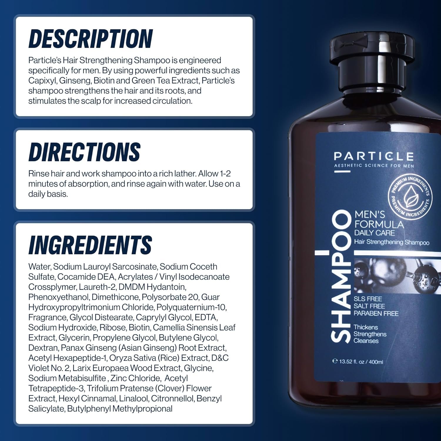 Particle Hair Thickening Shampoo for Men, Men’s Shampoo, Cleansing Formula Made with Biotin, Capixyl, Redensyl, Ginseng and Green Tea Extract for Hair Strength Support, Paraben Free, 400 mL - Image 6