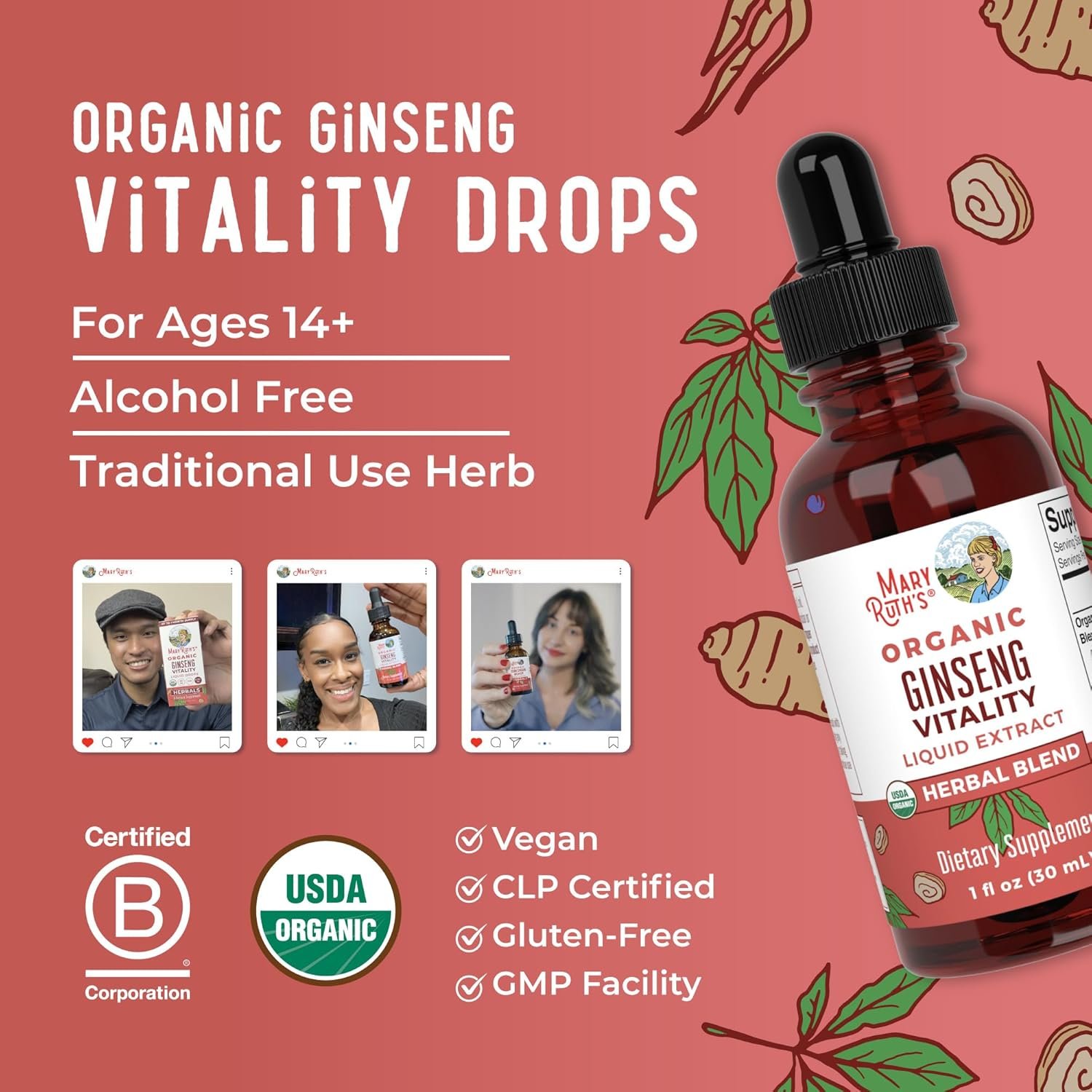 MARYRUTH'S Organics Herbal Supplement for Brain Function | Boost Energy | Memory | Vitality USDA | Ginseng with Ashwagandha | Eleuthero and Maca Root Extract | 1 Fl Oz - Image 8