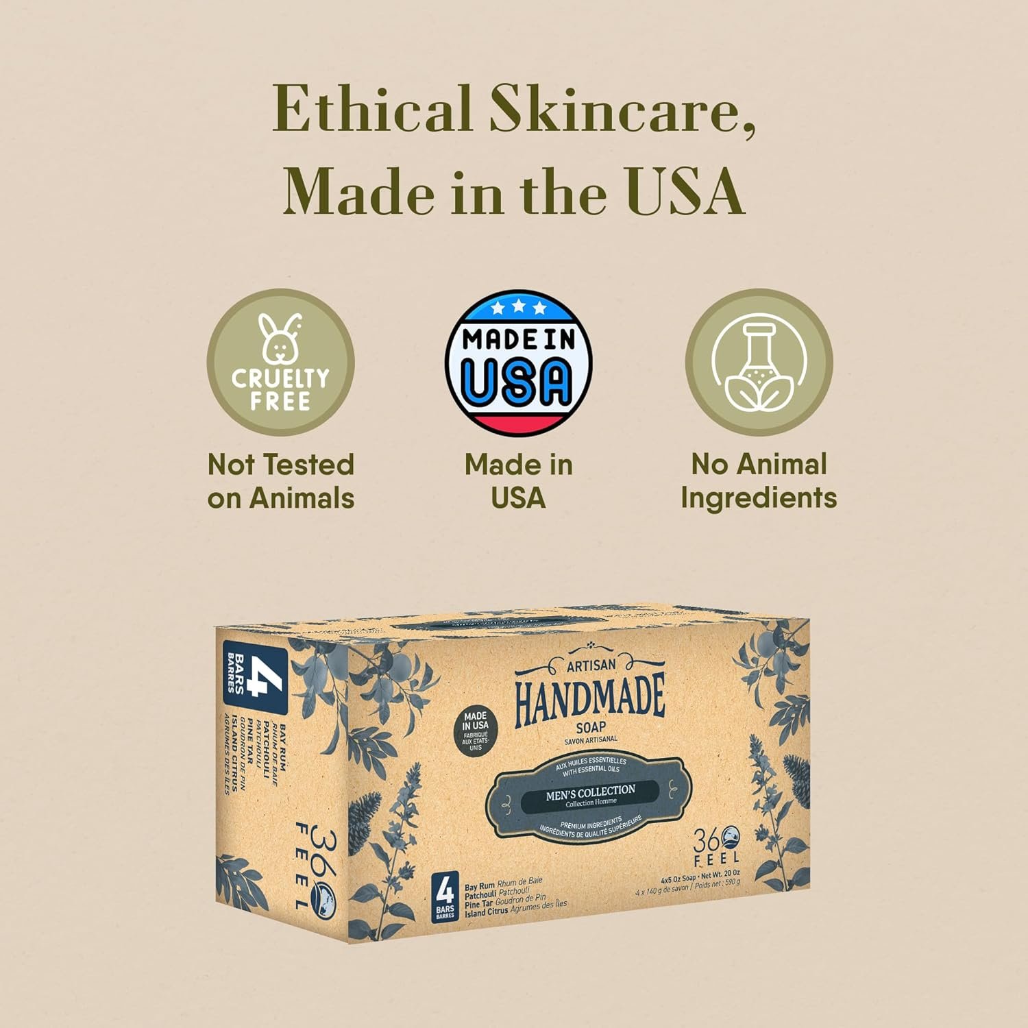 360Feel Mens Bar Soap - Made in the USA - Castile Handmade All Natural Cold Processed - Includes 4 Bold Masculine Scents: Bay Rum, Pine Tar Black Soap bar, Patchouli & Island Citrus (5oz, 4-Pack) - Image 2
