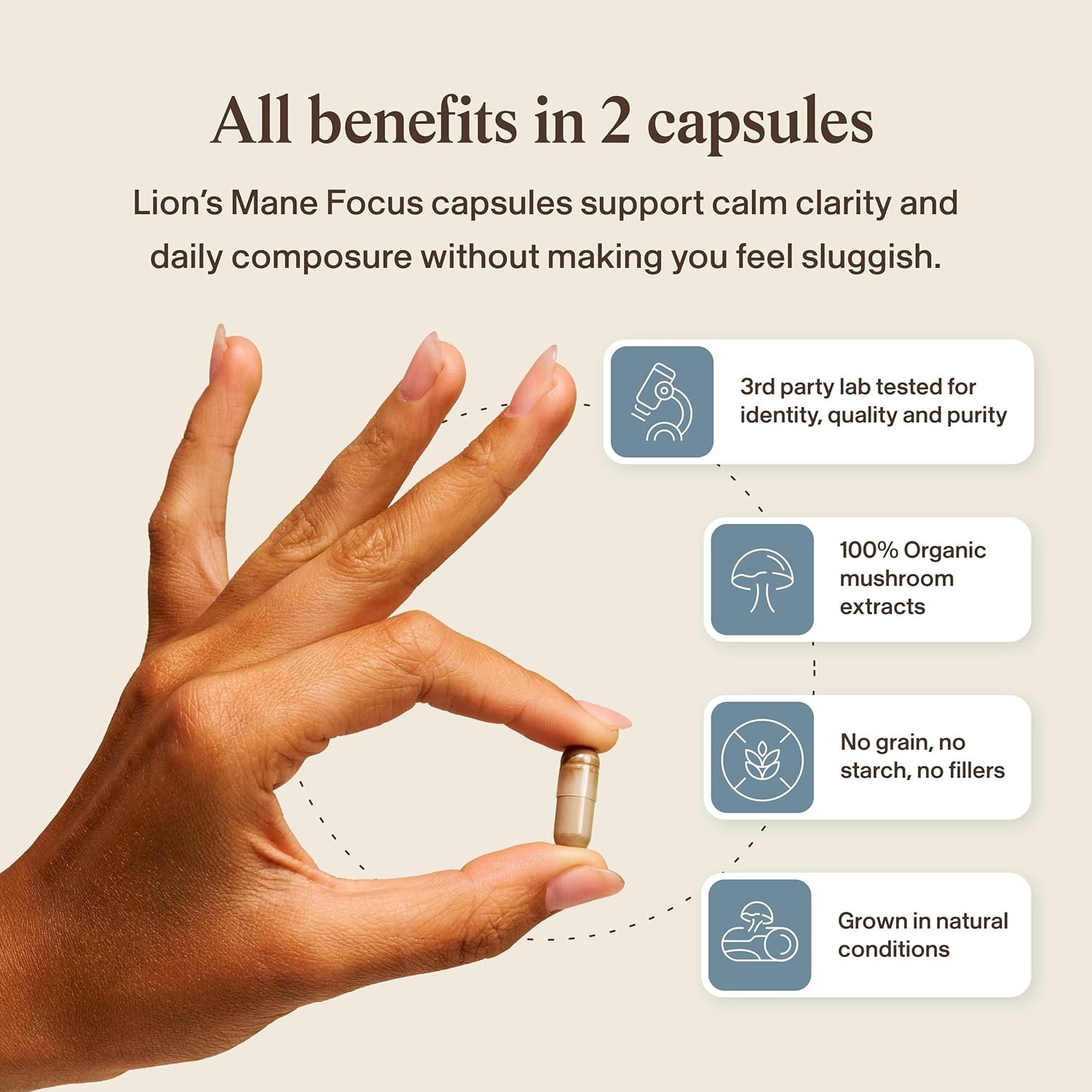 Real Mushrooms Calm Lions Mane Capsules (90 Count) – 400mg Organic Lions Mane Fruiting Body Extracts, 200mg Organic Reishi, 200mg AlphaWave L-Theanine for Calm Clarity & Relaxed Alertness, 90ct - Image 8